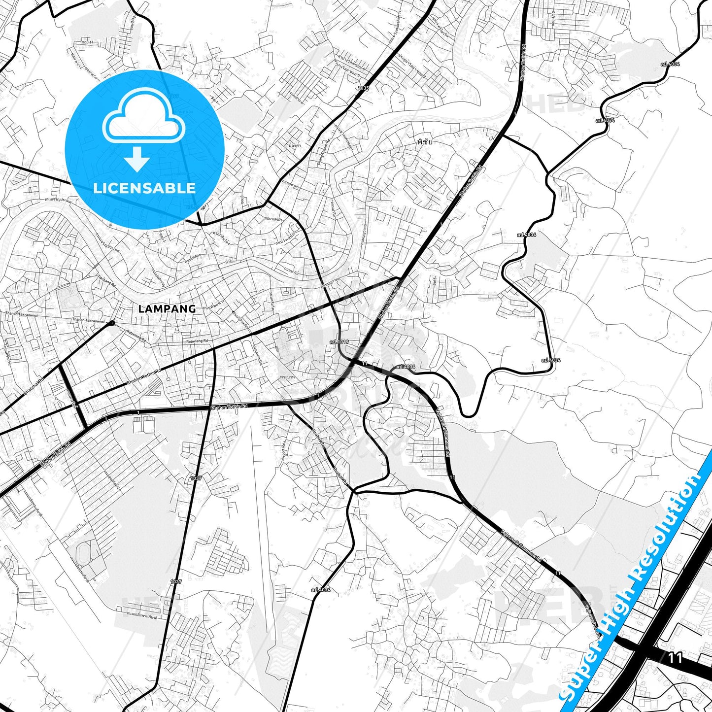 Lampang, Thailand Light Map with Street Names, City Names, and Districts