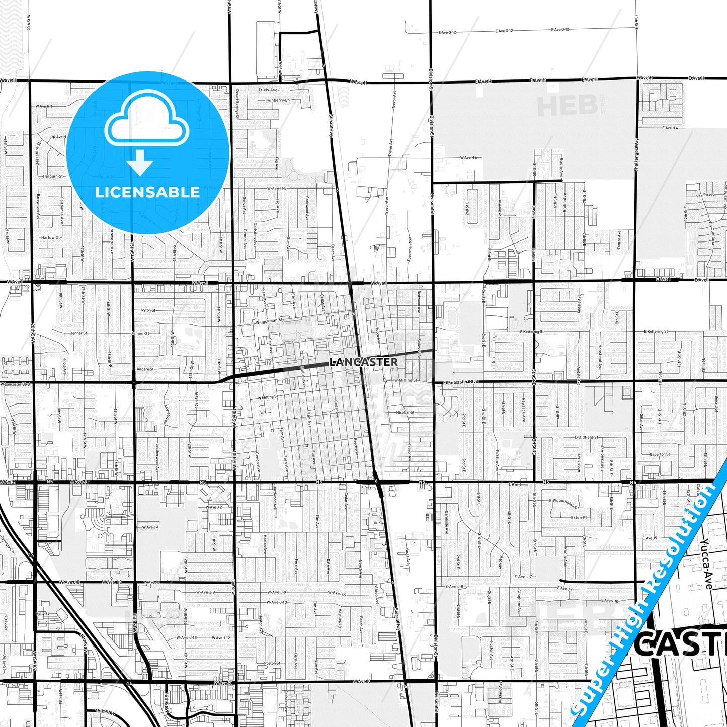 Lancaster, California Light Map with Street Names, City Names, and Districts