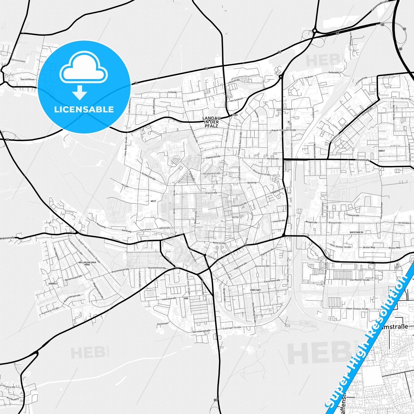 Landau in der Pfalz, Germany Light Map with Street Names, City Names, and Districts