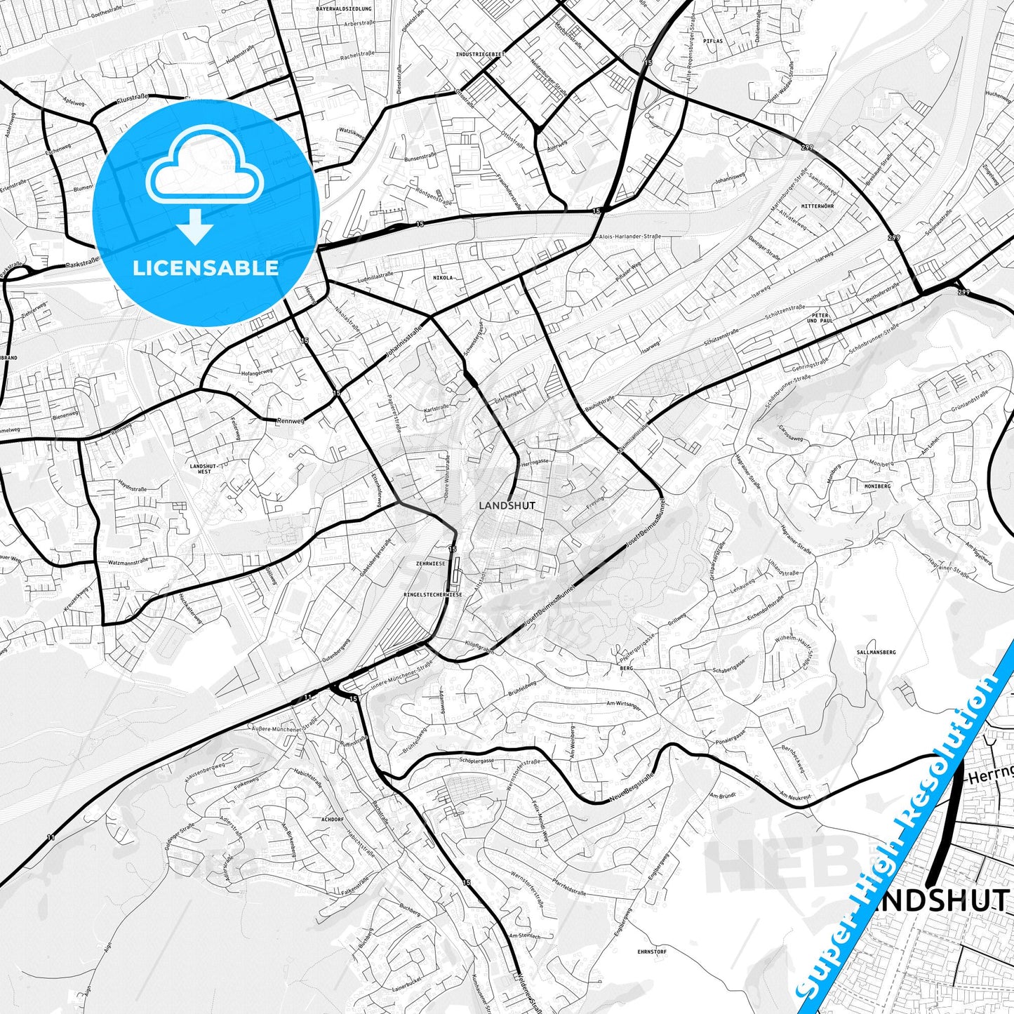 Landshut, Germany Light Map with Street Names, City Names, and Districts