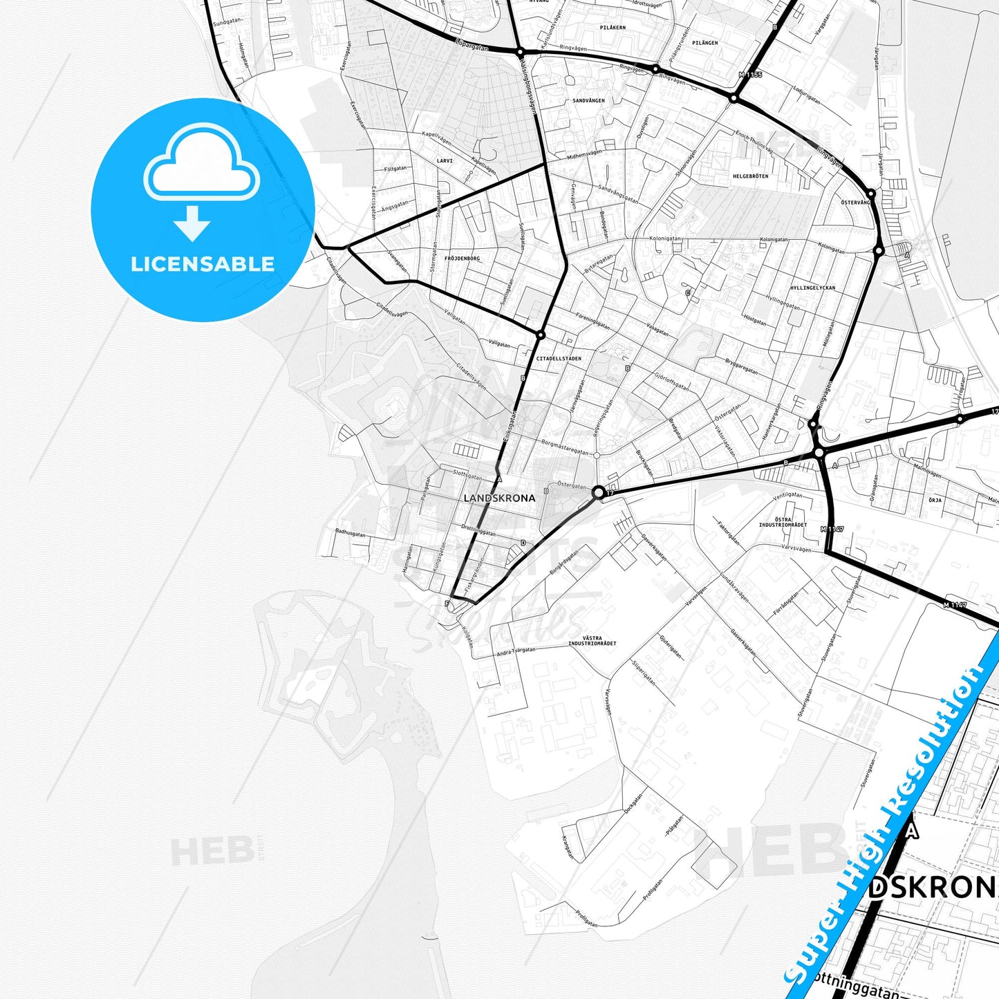 Landskrona, Sweden Light Map with Street Names, City Names, and Districts