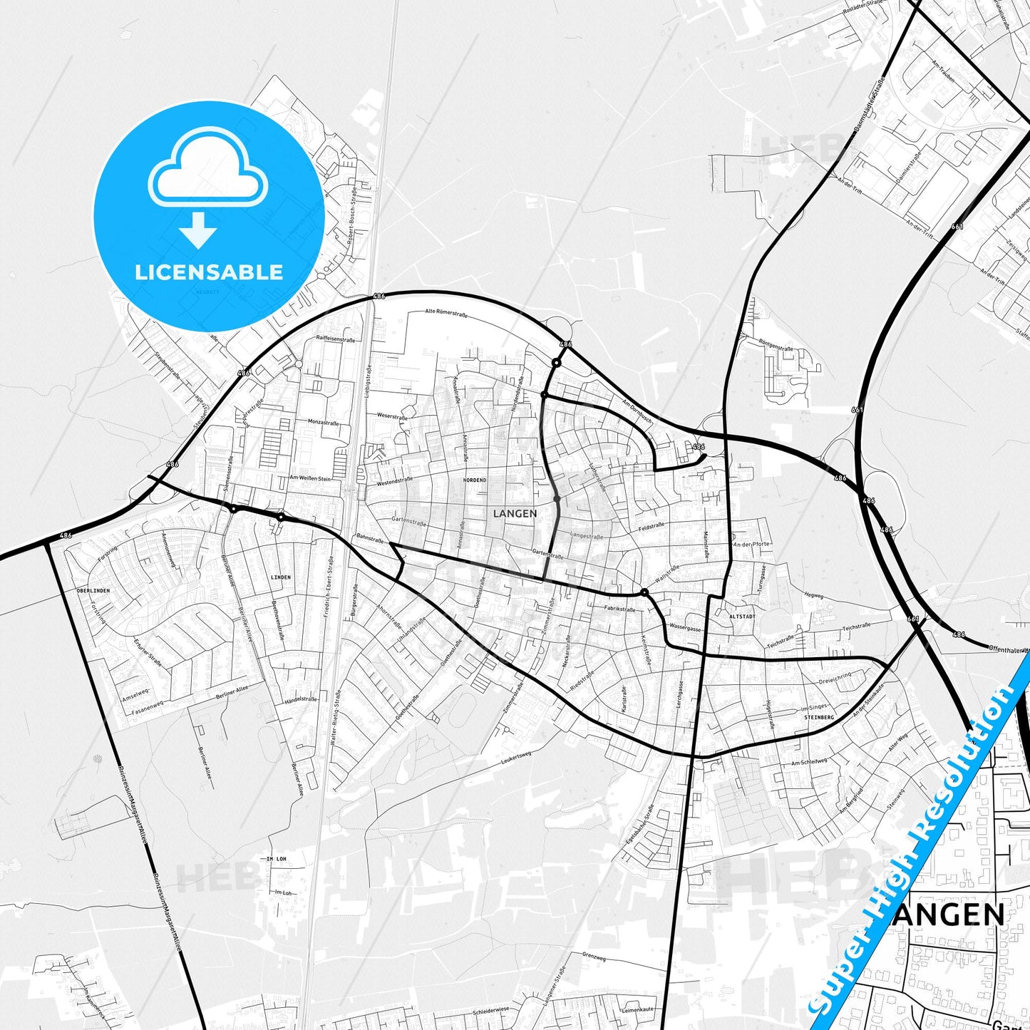 Langen, Germany Light Map with Street Names, City Names, and Districts