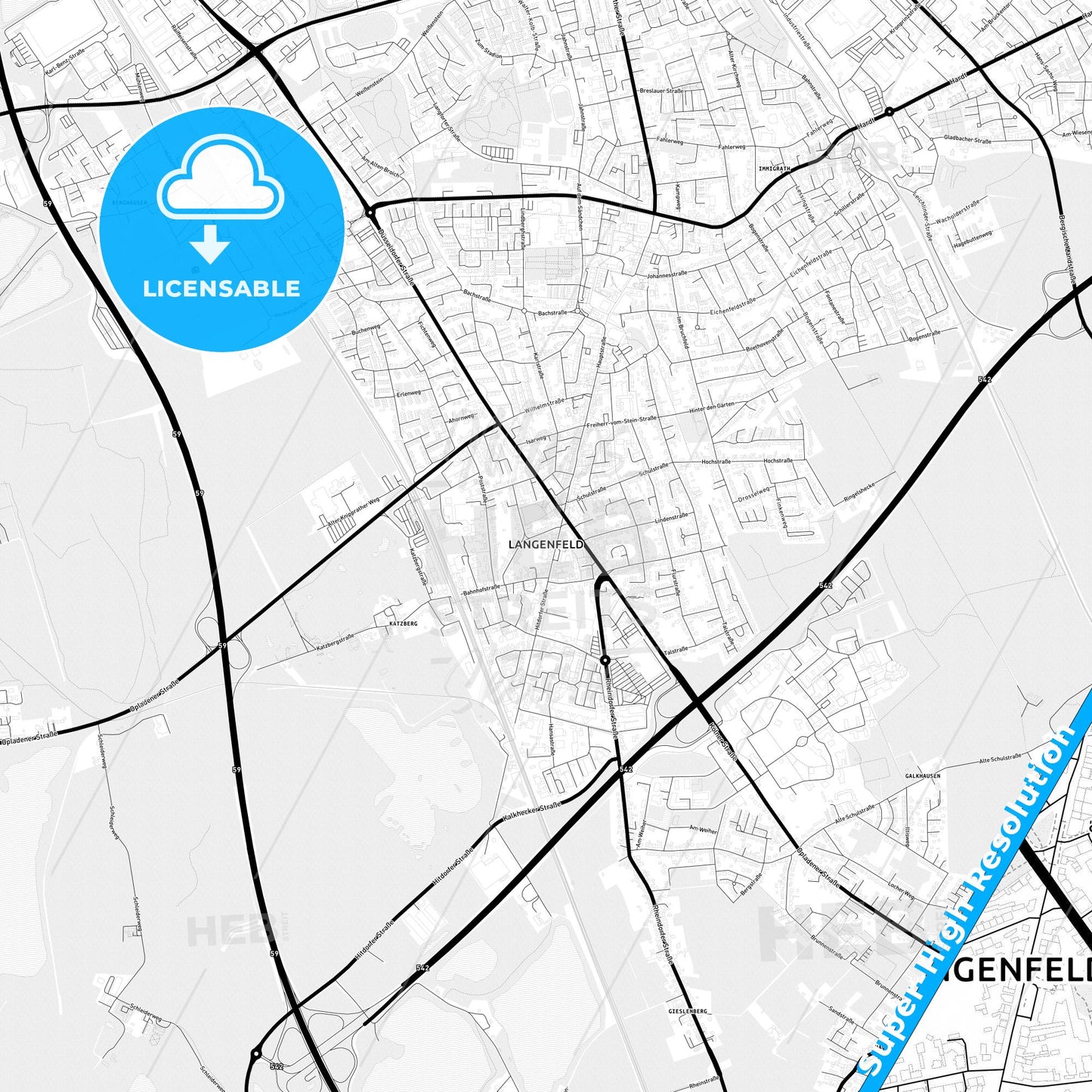 Langenfeld (Rheinland), Germany Light Map with Street Names, City Names, and Districts