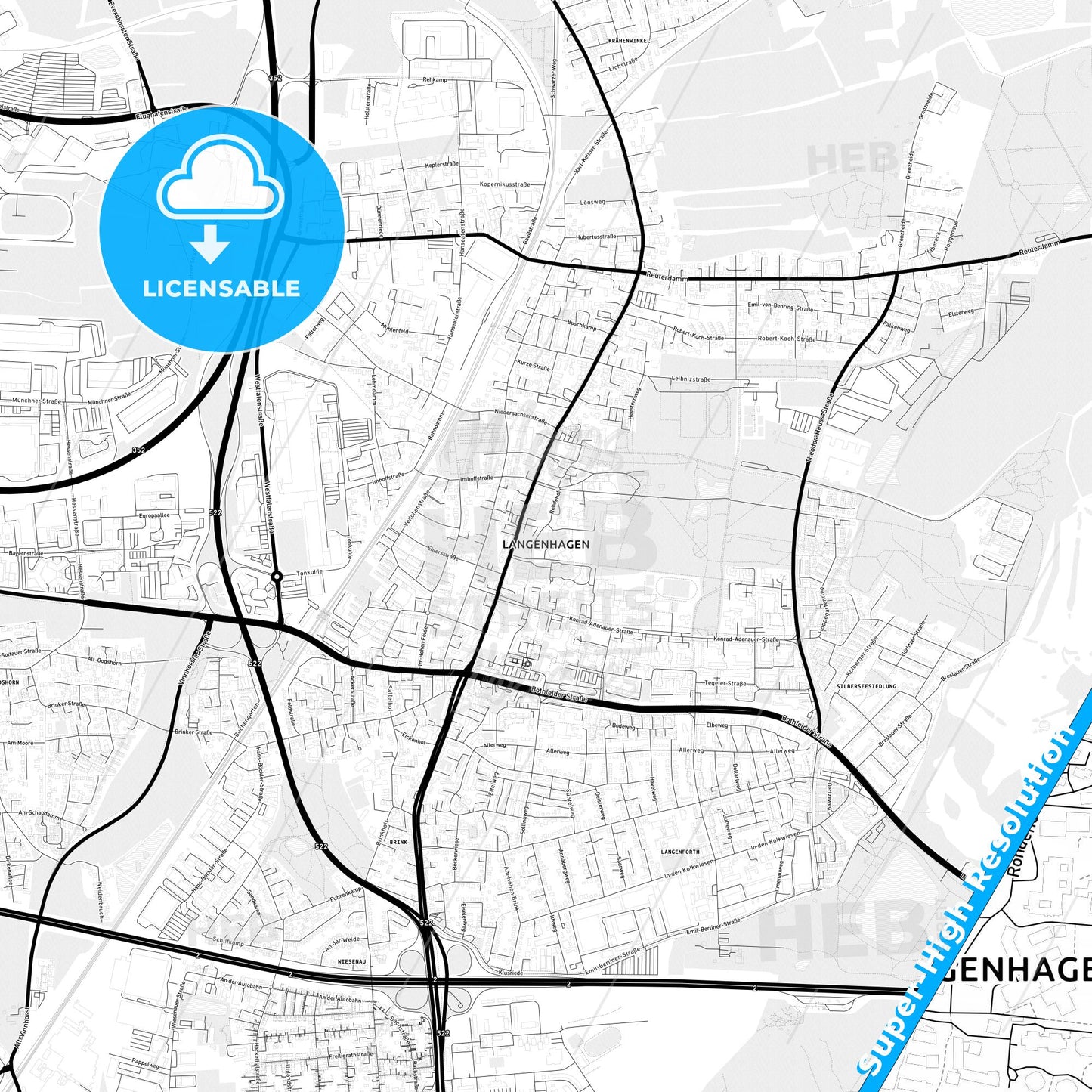 Langenhagen, Germany Light Map with Street Names, City Names, and Districts