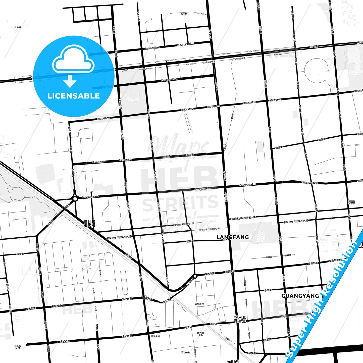 Langfang, China Light Map with Street Names, City Names, and Districts