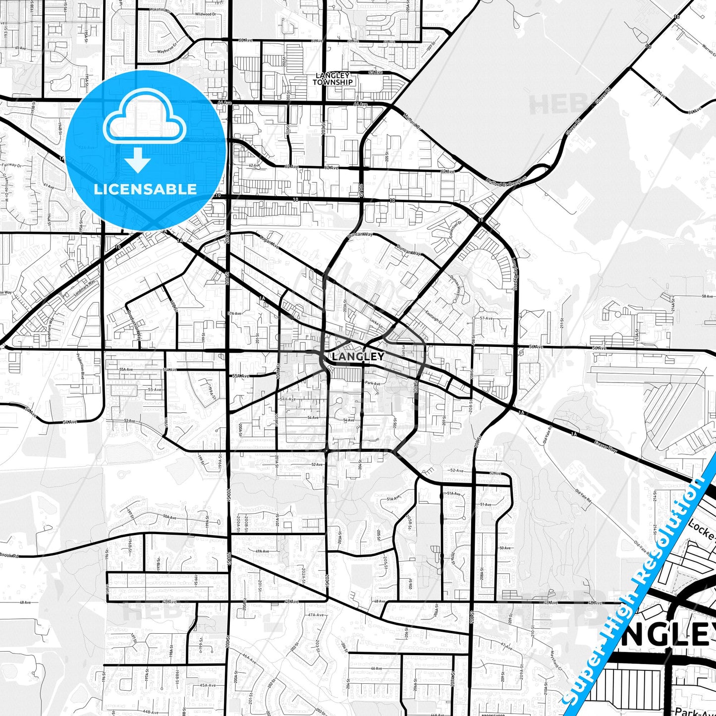 Langley, Canada Light Map with Street Names, City Names, and Districts