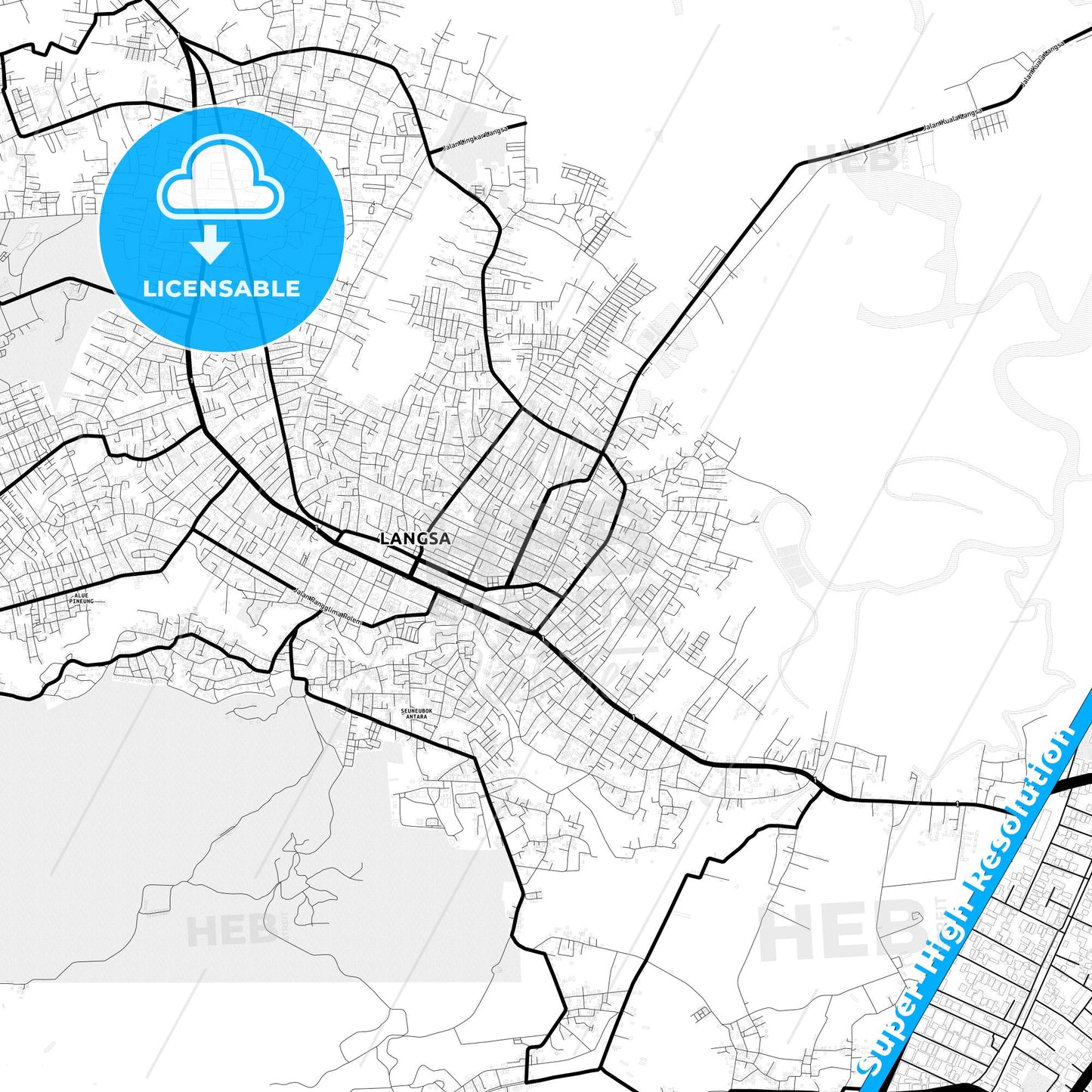 Langsa, Indonesia Light Map with Street Names, City Names, and Districts