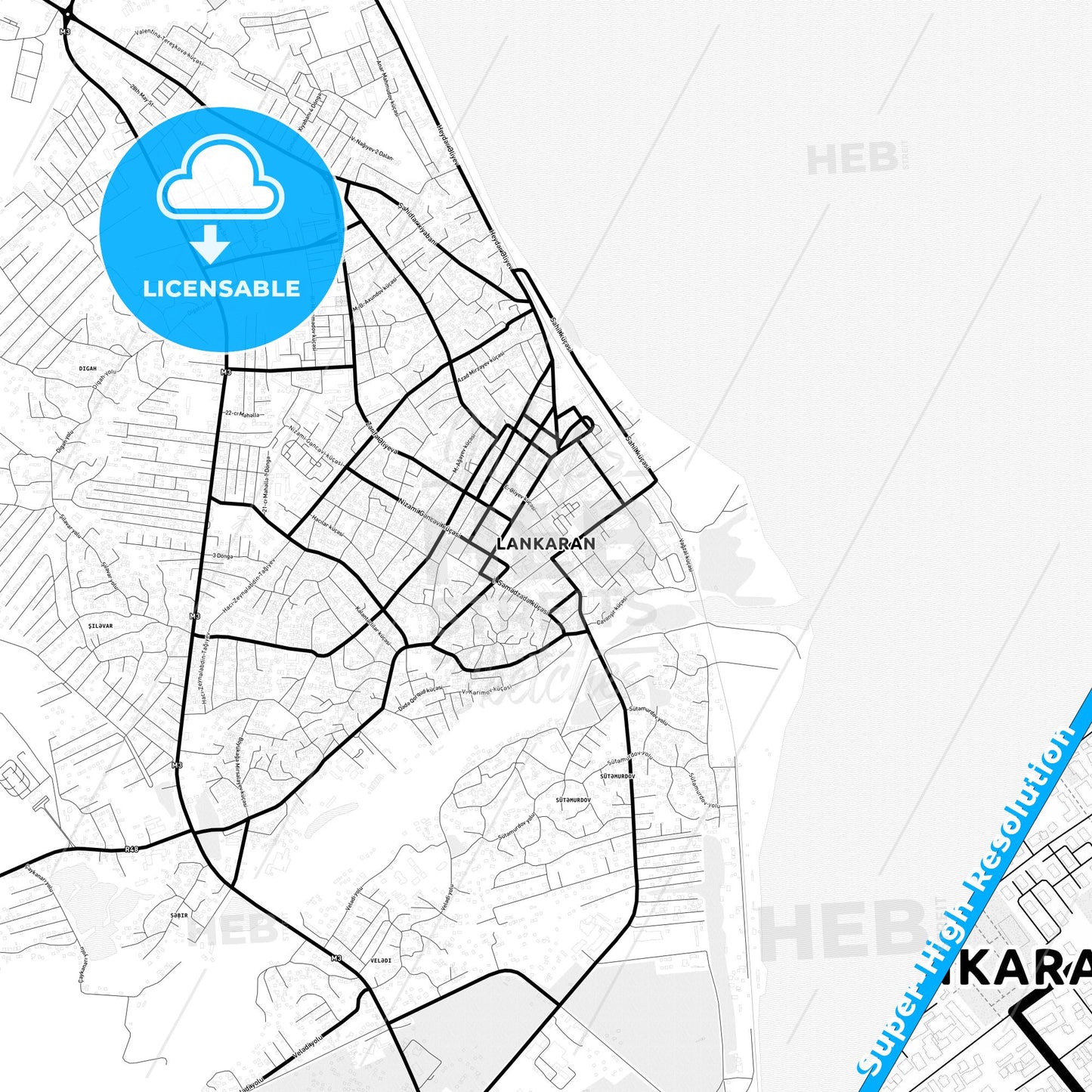 Lankaran, Azerbaijan Light Map with Street Names, City Names, and Districts