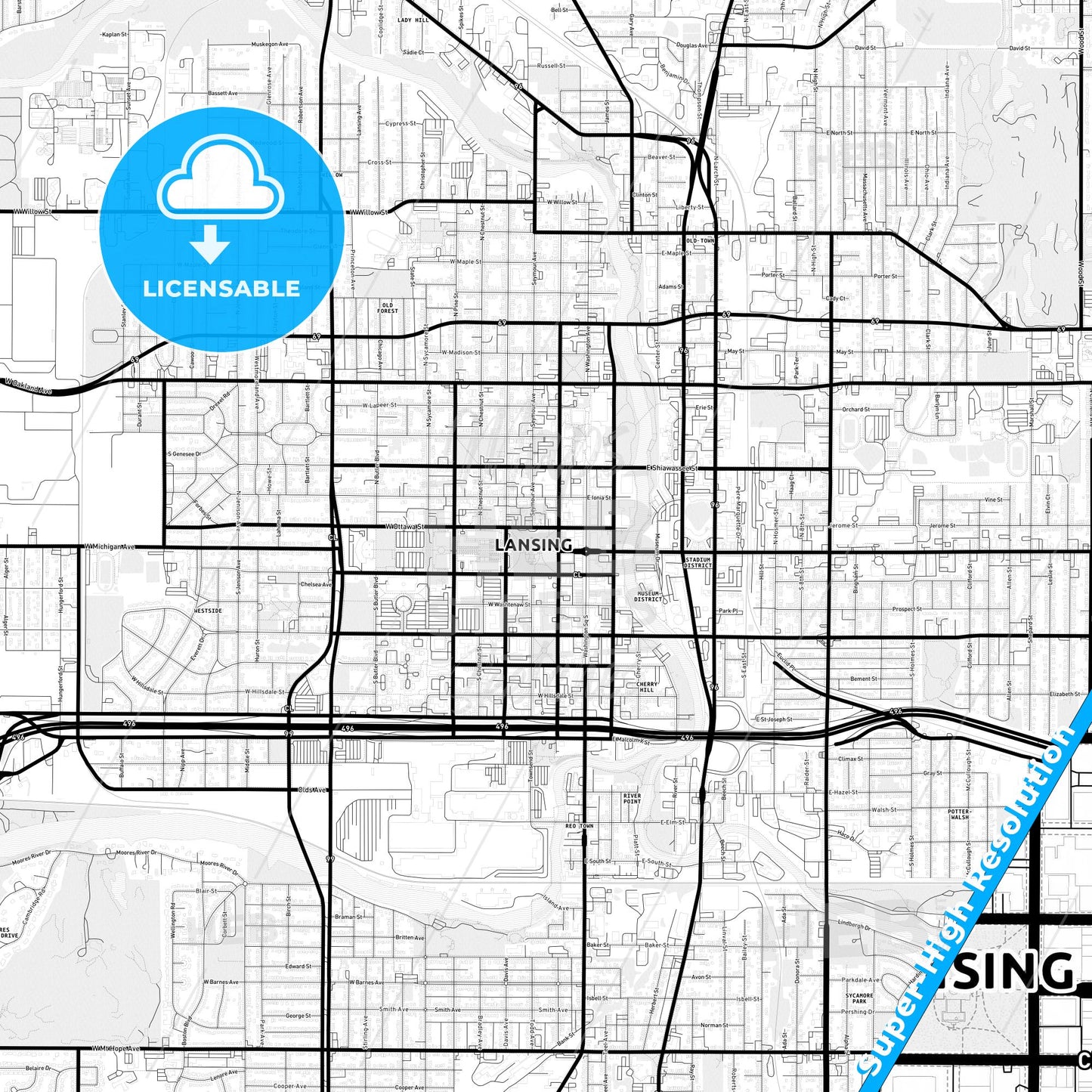 Lansing, Michigan Light Map with Street Names, City Names, and Districts