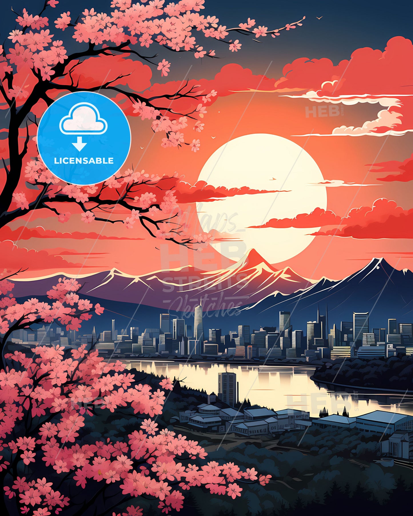 Vibrant Painting of Lanzhou City Skyline with River and Mountains