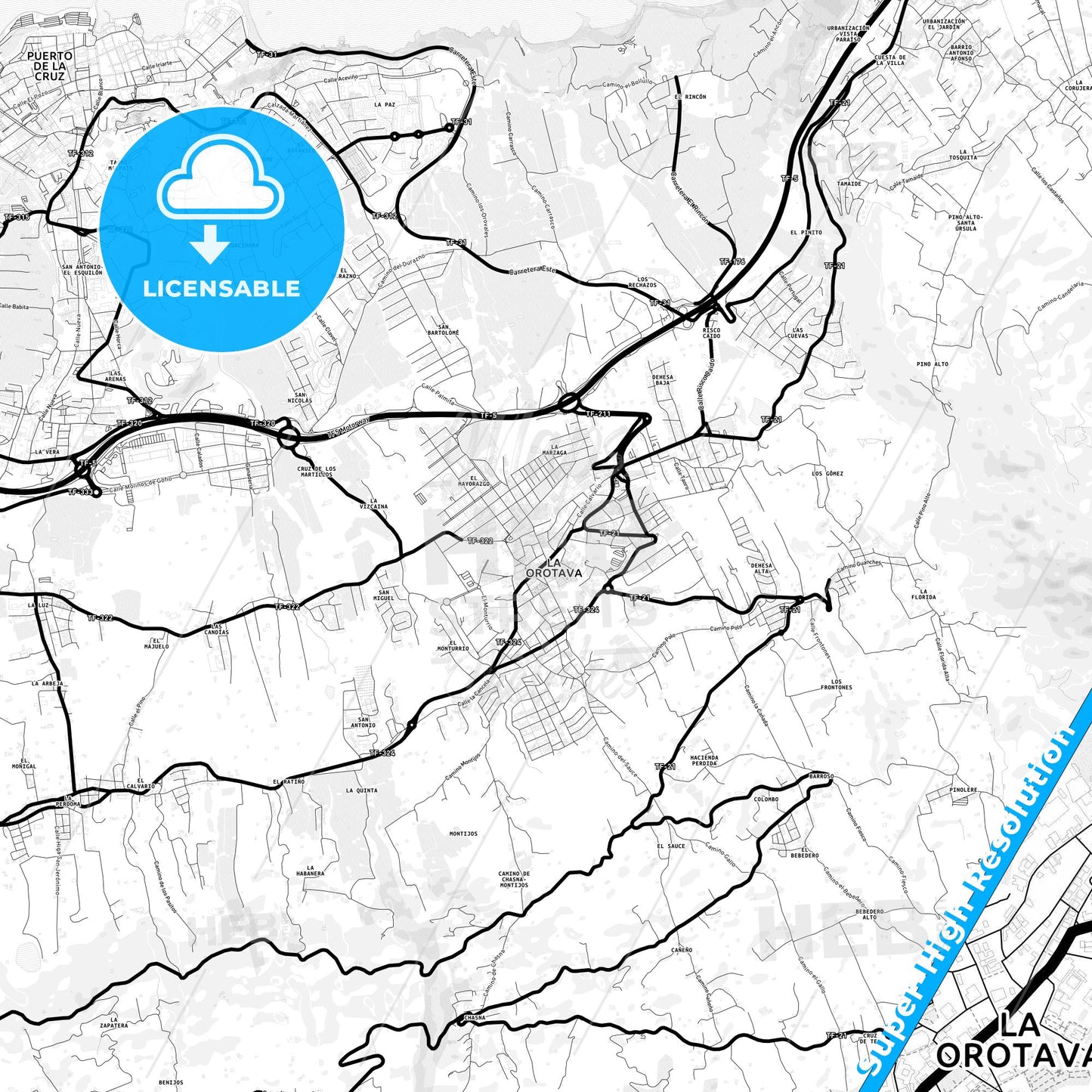 La Orotava, Spain Light Map with Street Names, City Names, and Districts