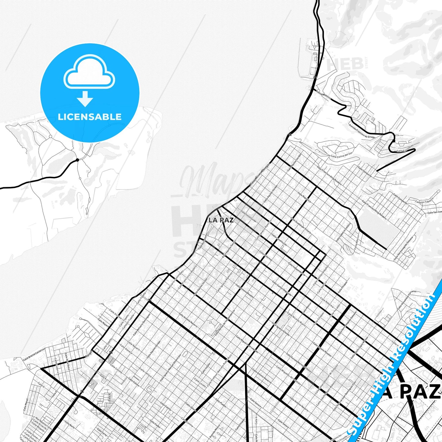 La Paz, Mexico Light Map with Street Names, City Names, and Districts