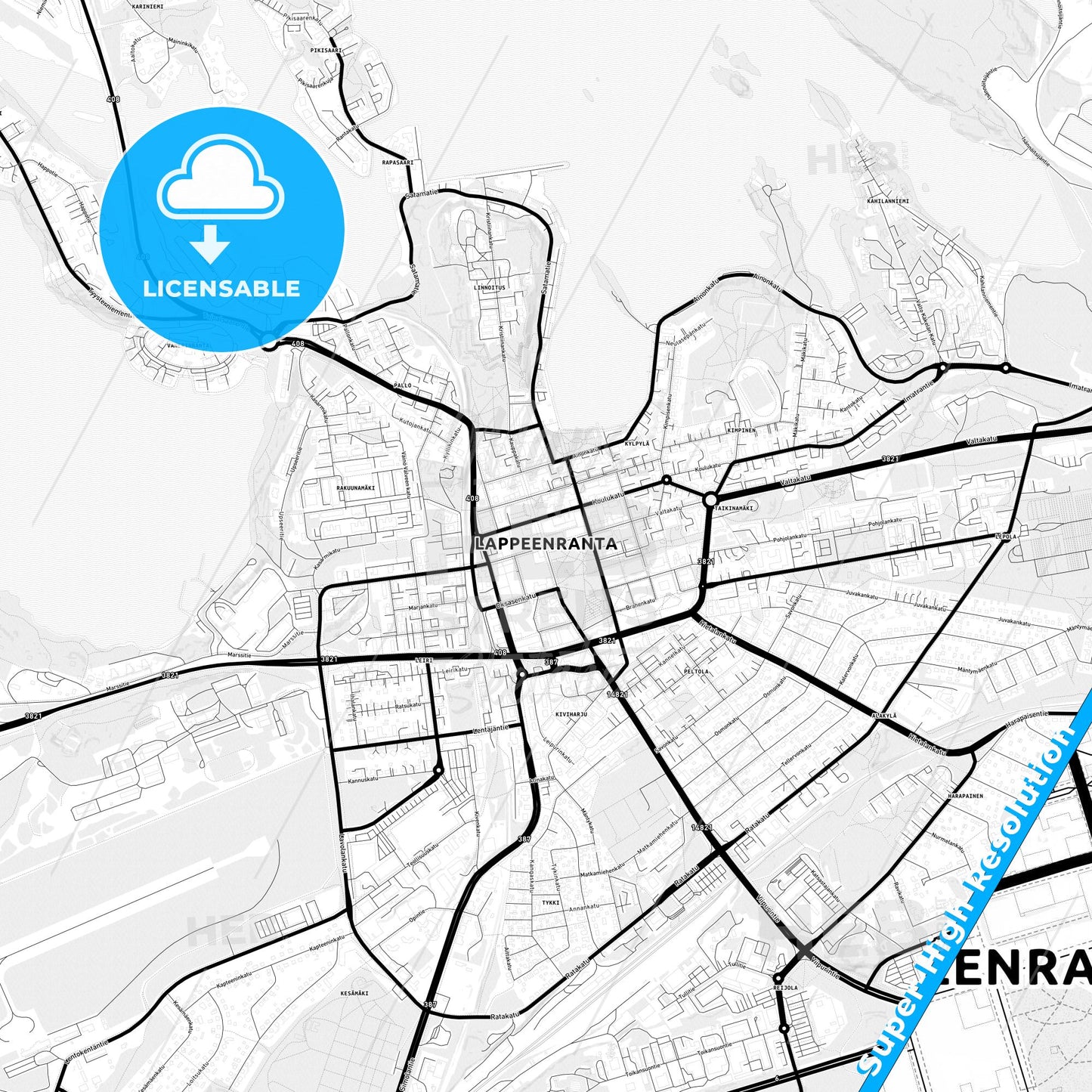 Lappeenranta, Finland Light Map with Street Names, City Names, and Districts