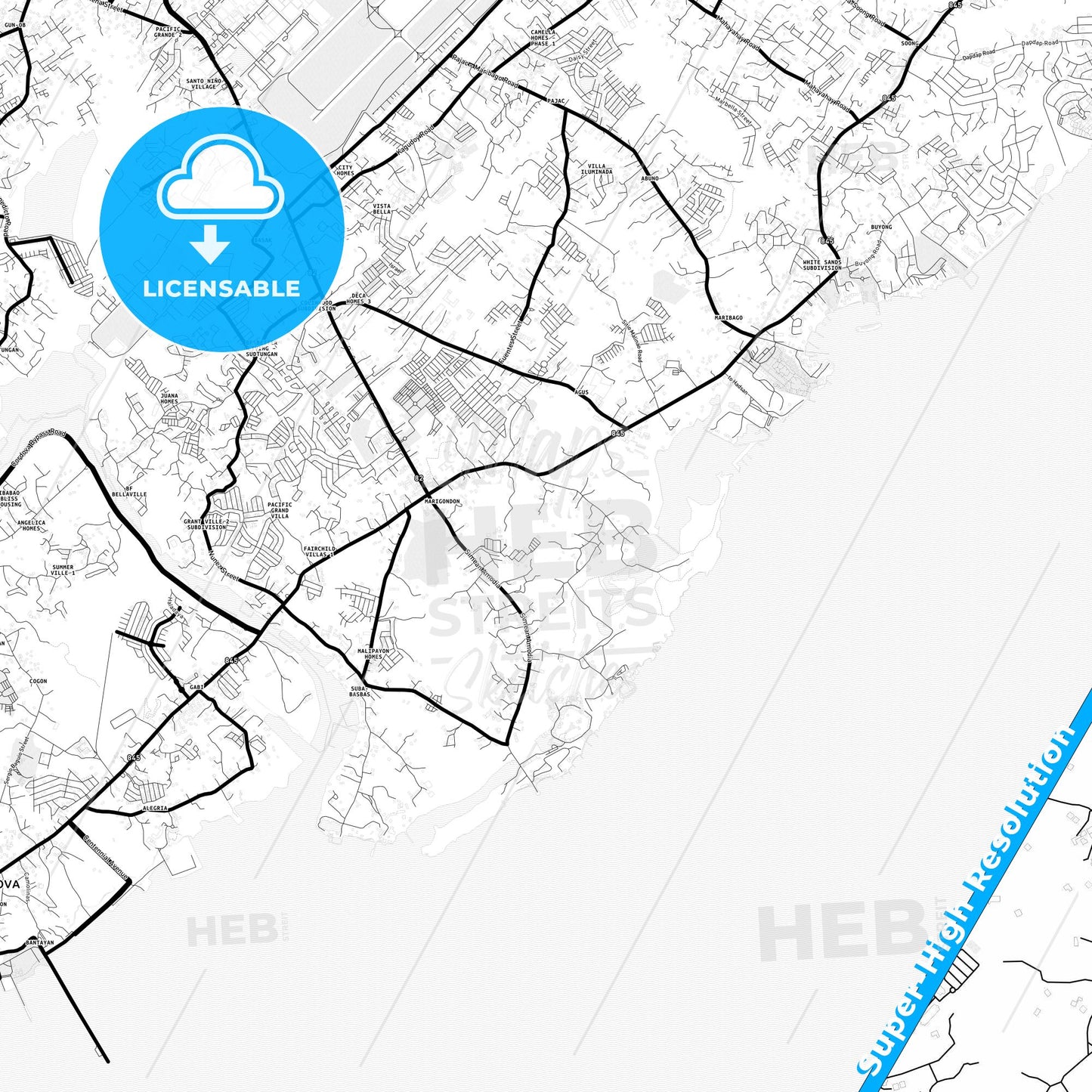Lapu‑Lapu, Philippines Light Map with Street Names, City Names, and Districts