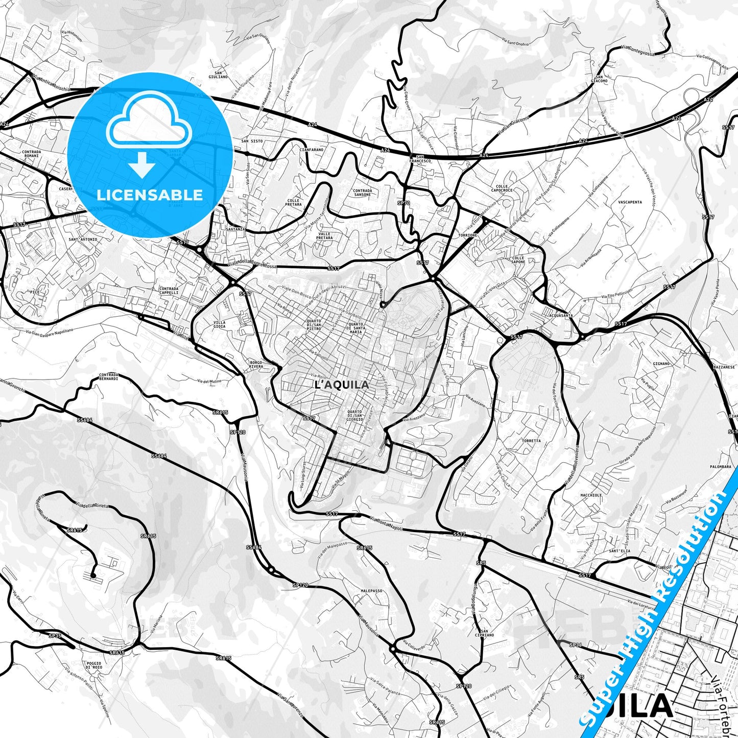L Aquila, Italy Light Map with Street Names, City Names, and Districts