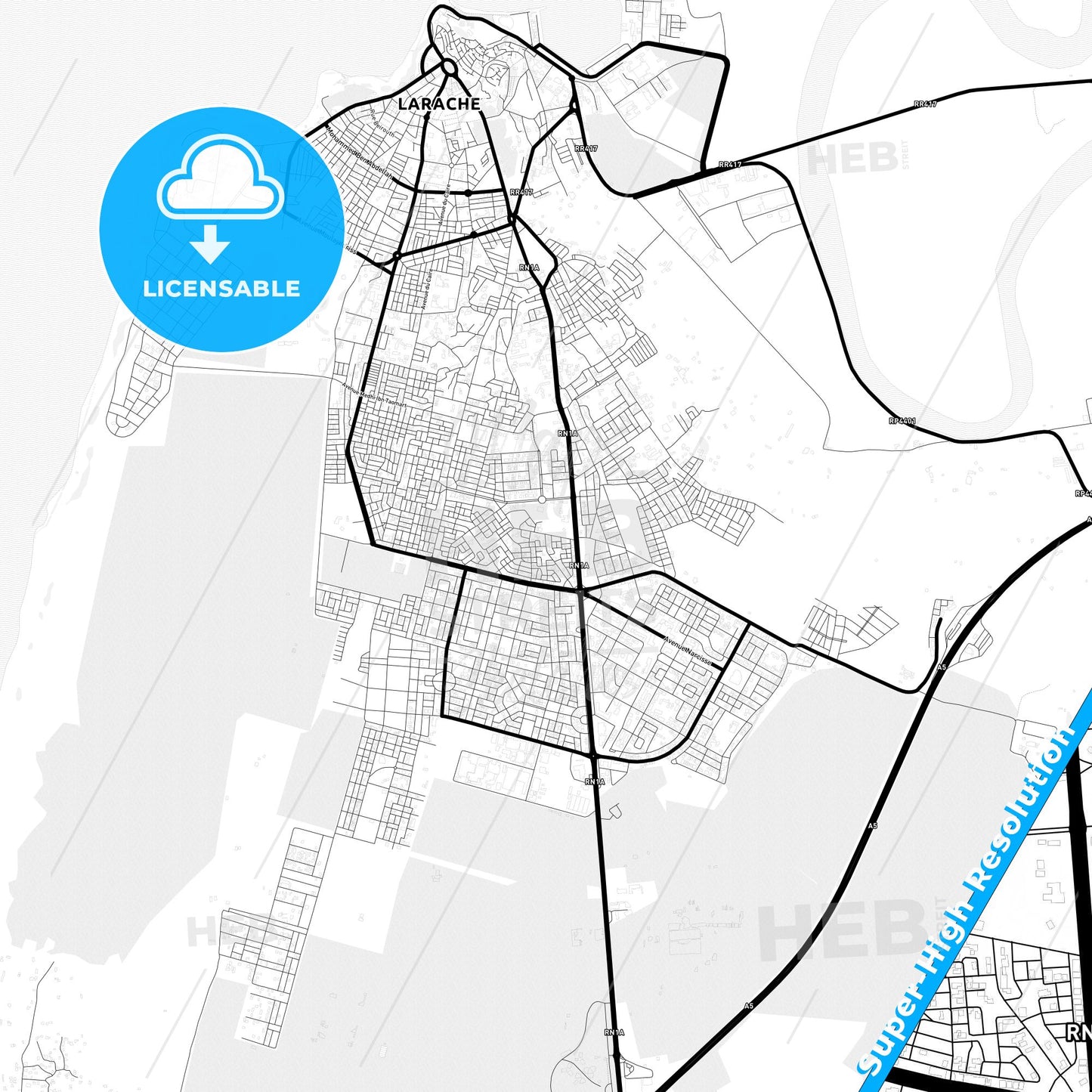 Larache, Morocco Light Map with Street Names, City Names, and Districts