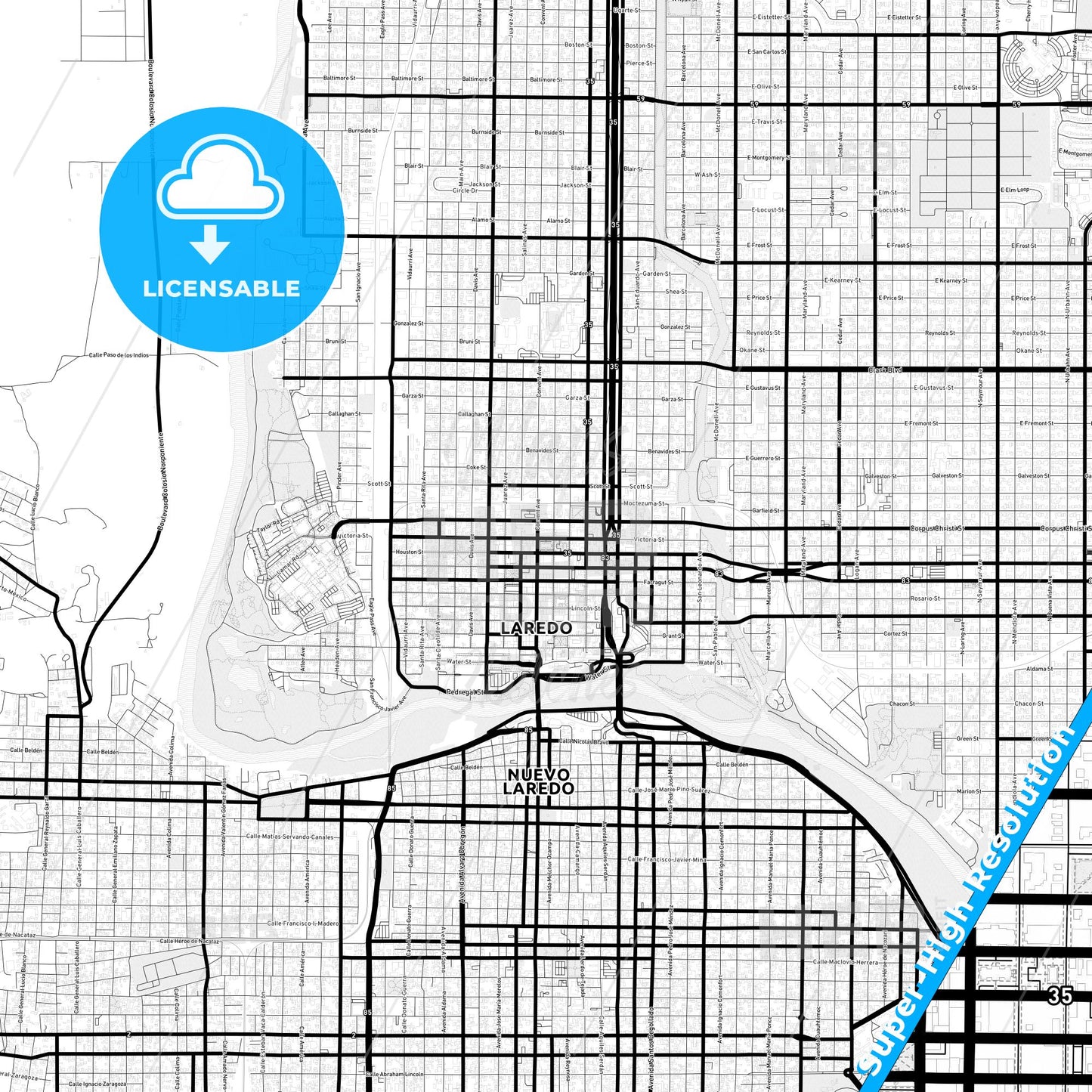 Laredo, Texas Light Map with Street Names, City Names, and Districts