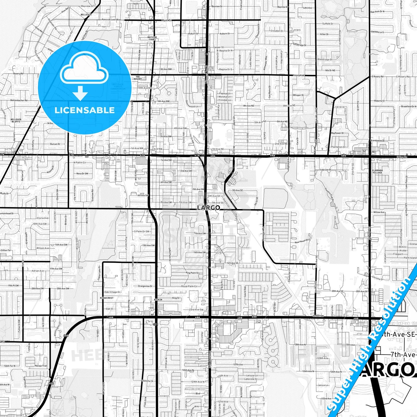 Largo, Florida Light Map with Street Names, City Names, and Districts