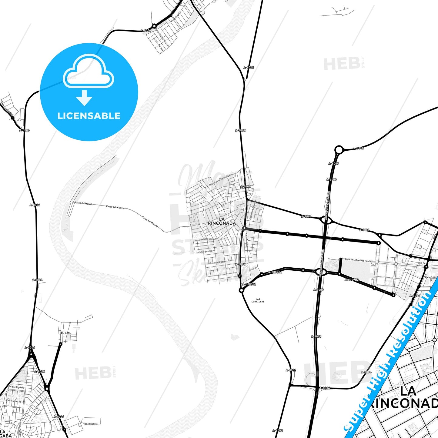 La Rinconada, Spain Light Map with Street Names, City Names, and Districts