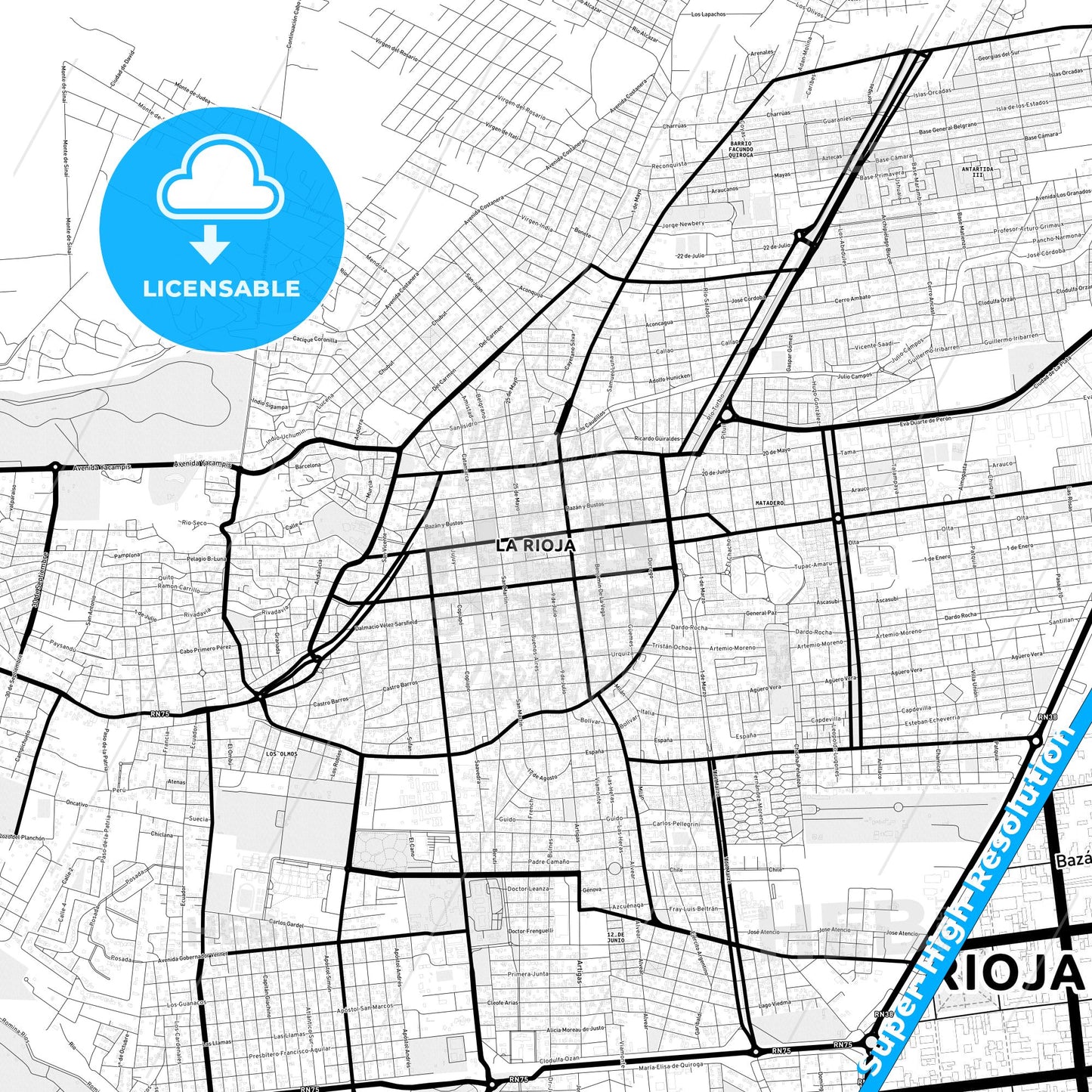 La Rioja, Argentina Light Map with Street Names, City Names, and Districts