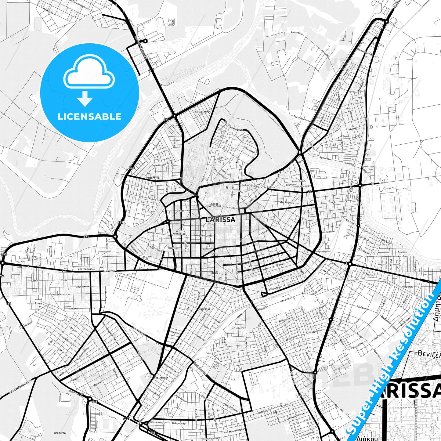 Larissa, Greece Light Map with Street Names, City Names, and Districts