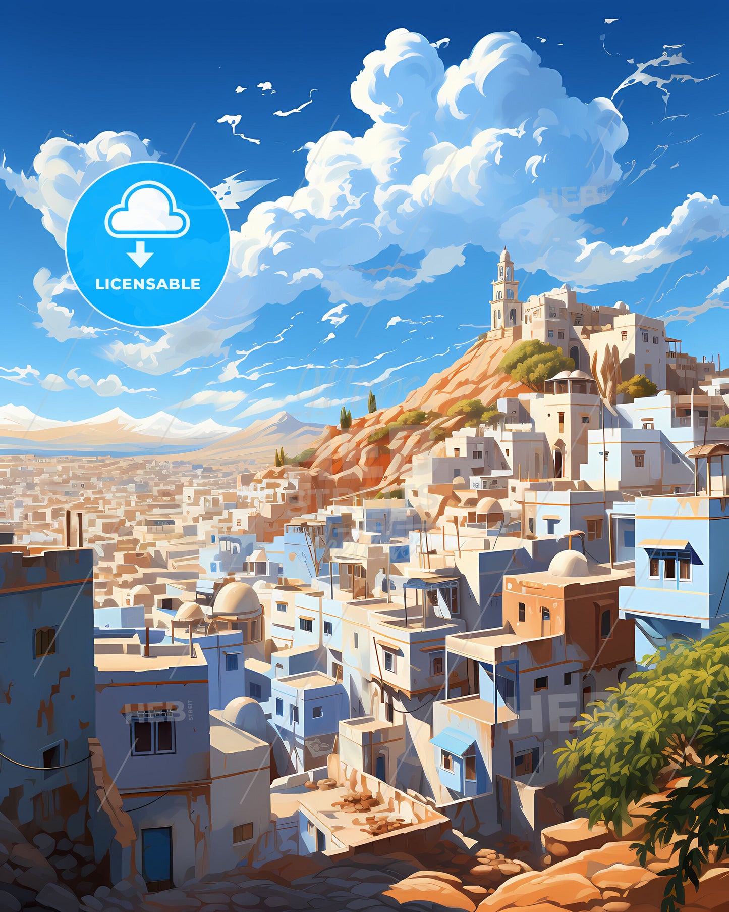 Larkana Cityscape Skyline Painting Urban Landscape Mountains Background Pakistan