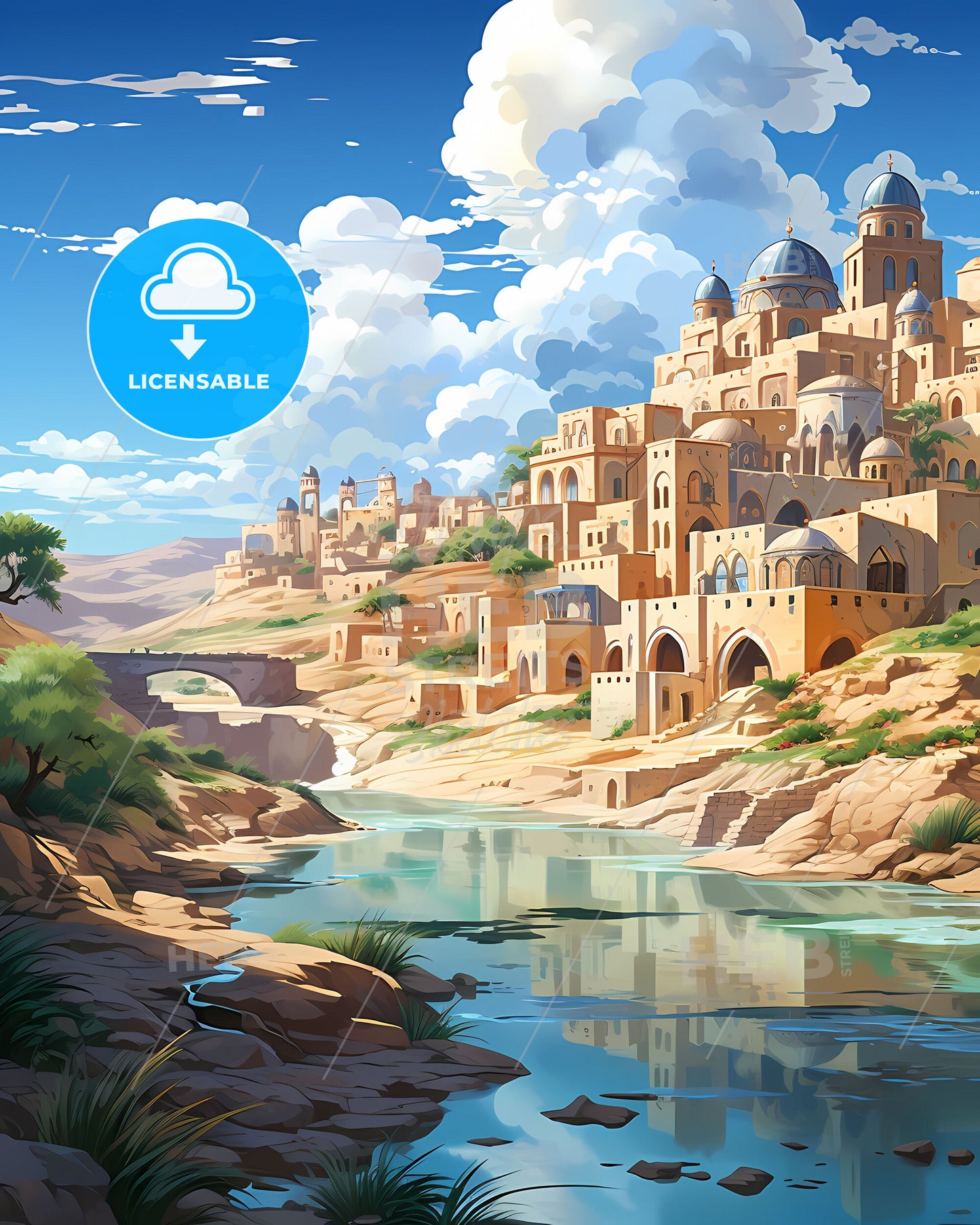 Vibrant Skyline of Larkana Pakistan - Artistic River Scene in Desert Town