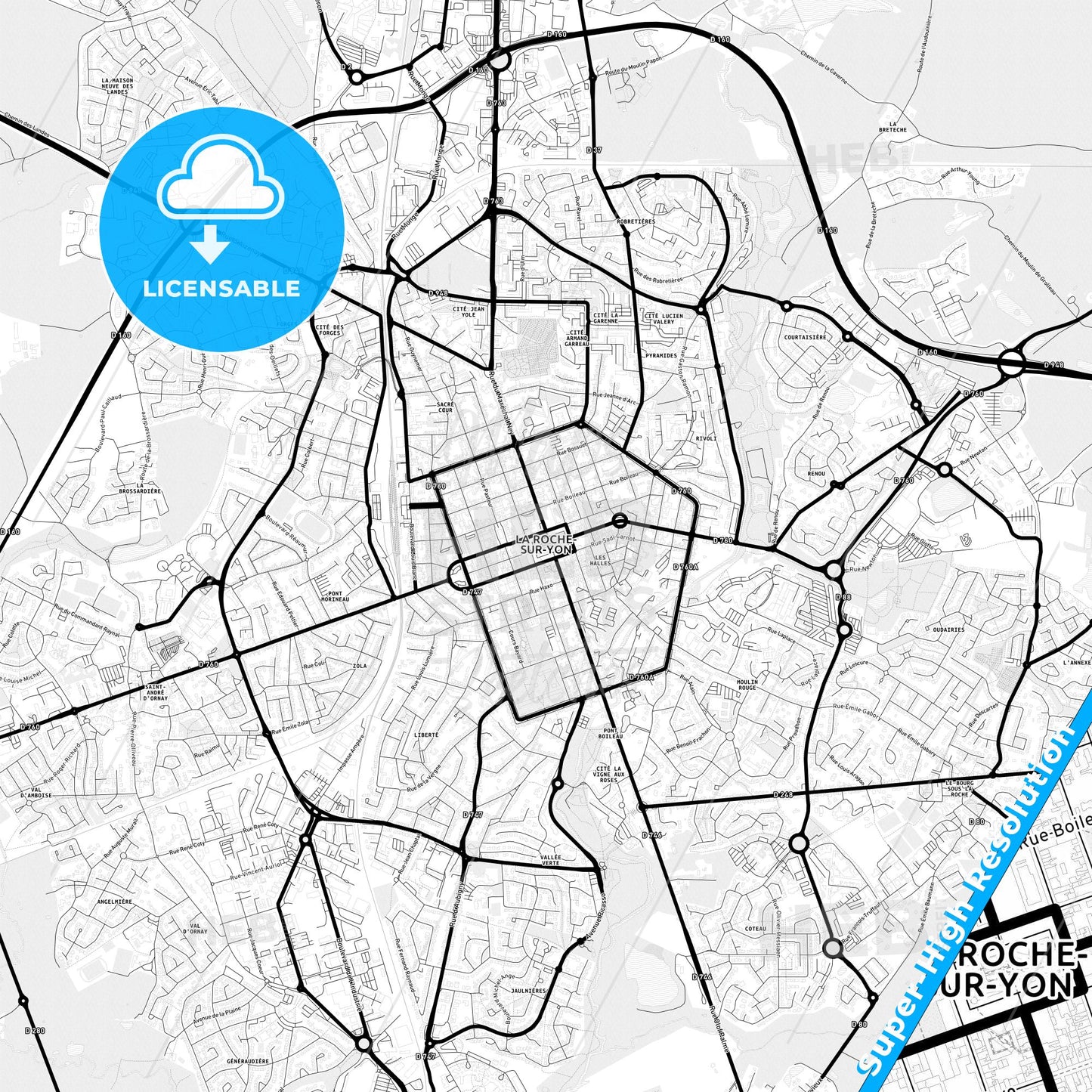 La Roche-sur-Yon, France Light Map with Street Names, City Names, and Districts