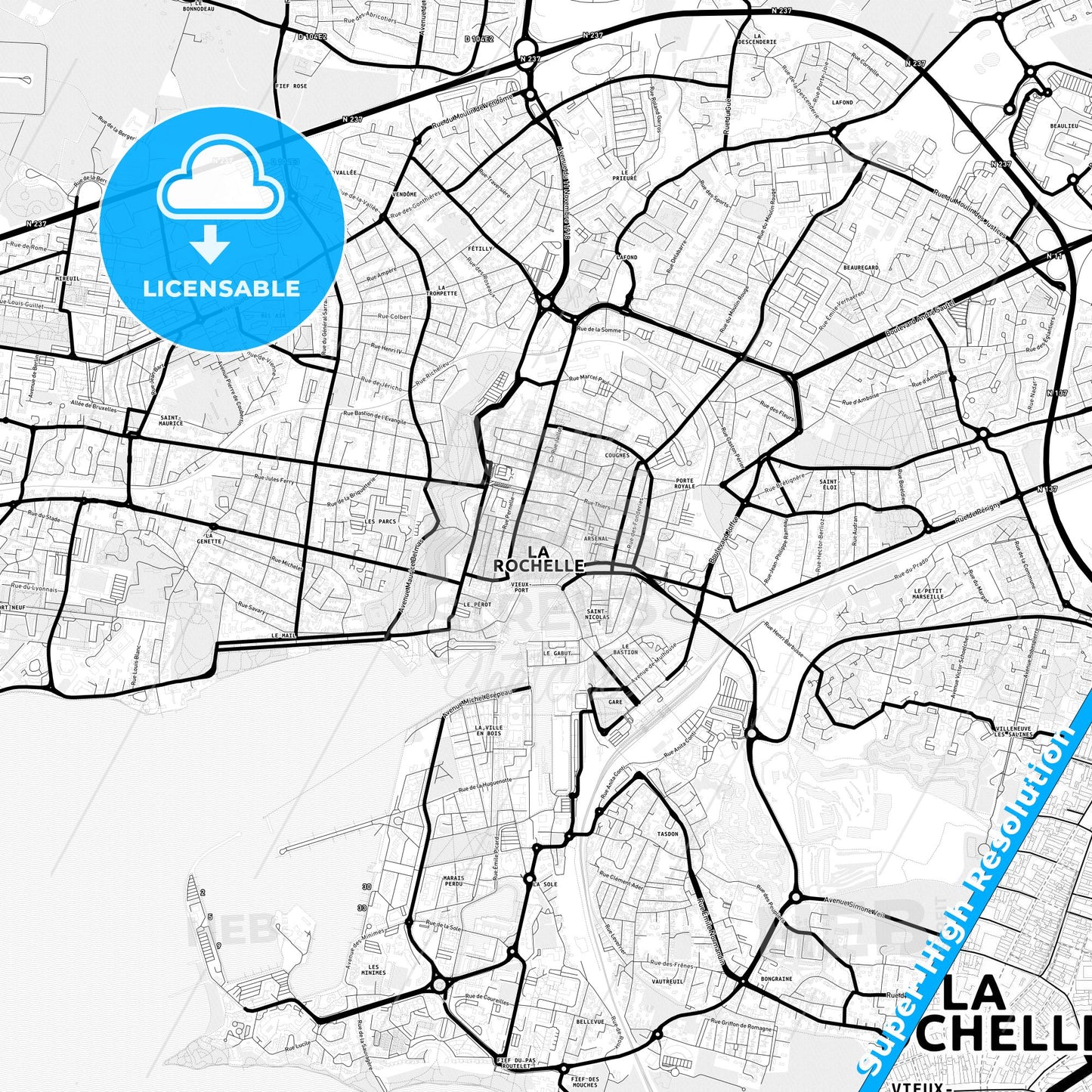La Rochelle, France Light Map with Street Names, City Names, and Districts