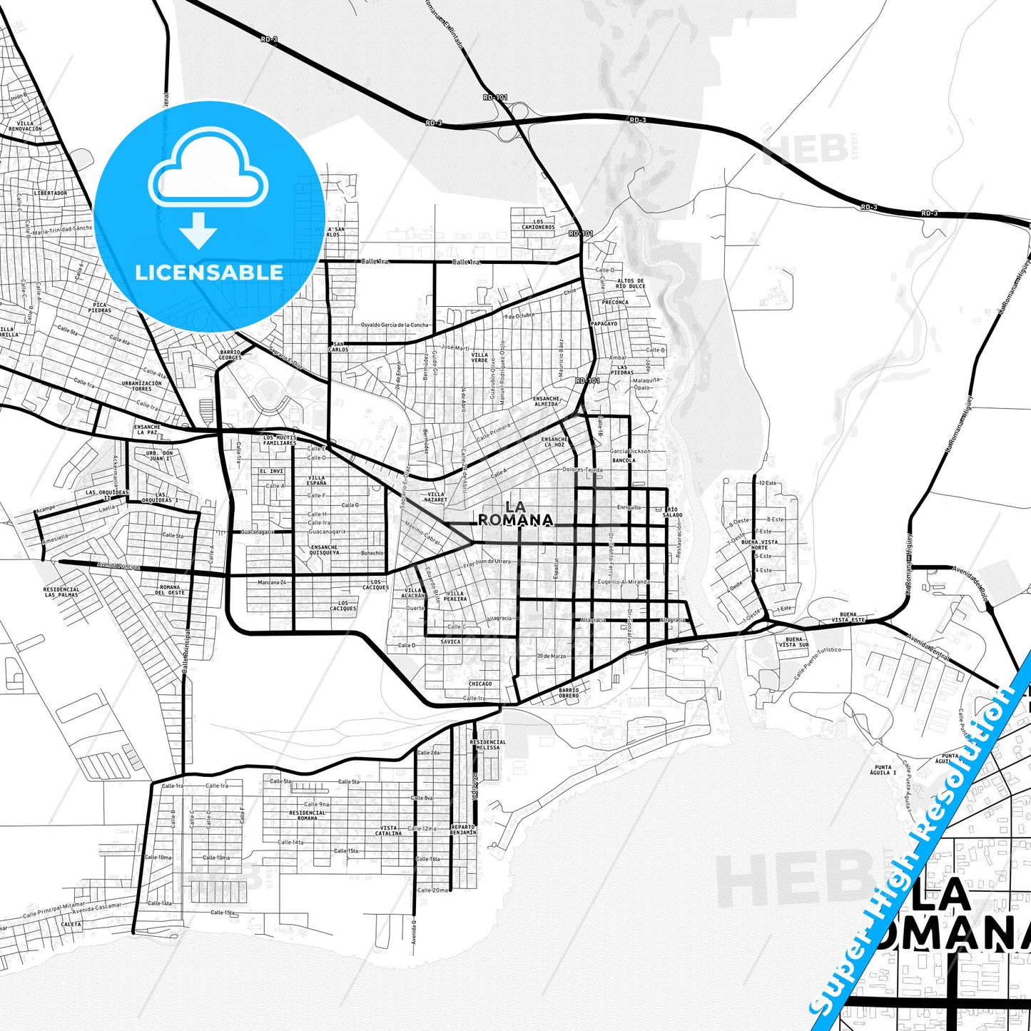 La Romana, Dominican Republic Light Map with Street Names, City Names, and Districts