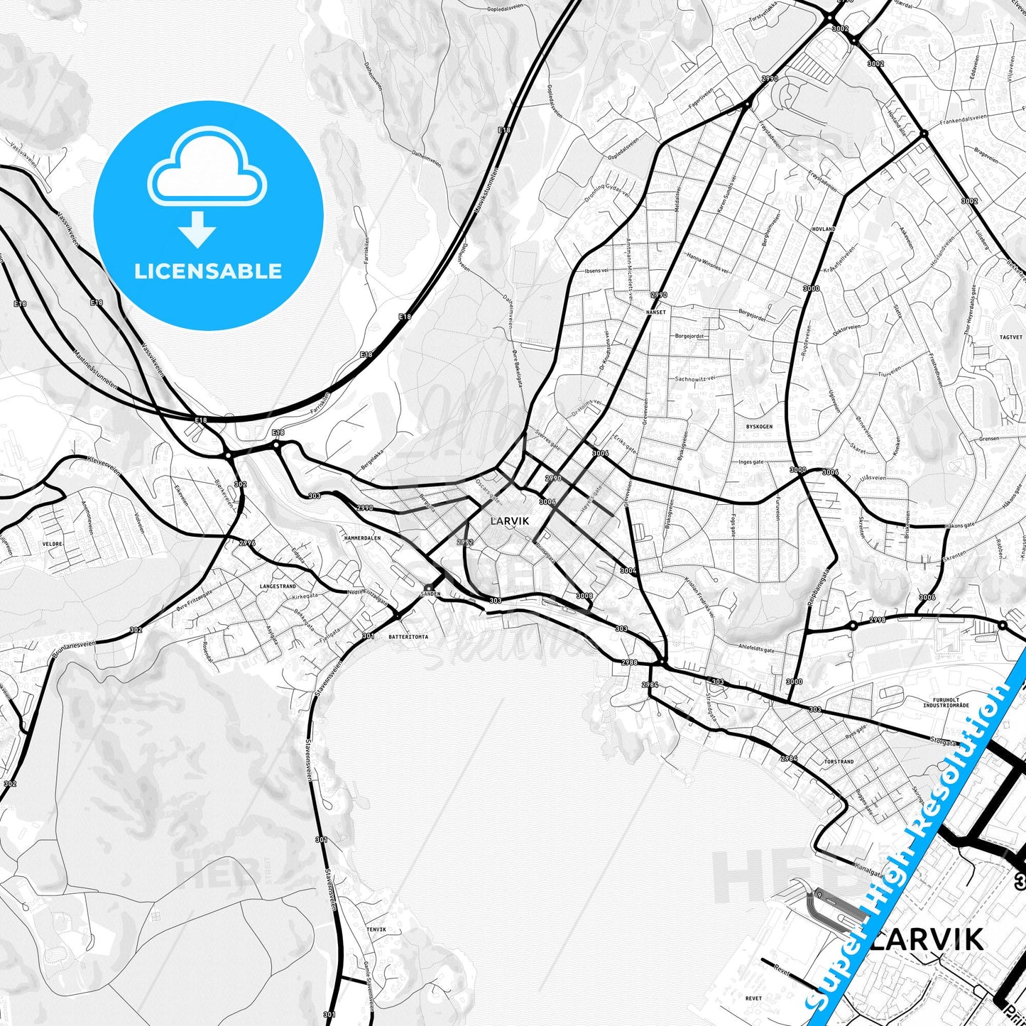 Larvik, Norway Light Map with Street Names, City Names, and Districts