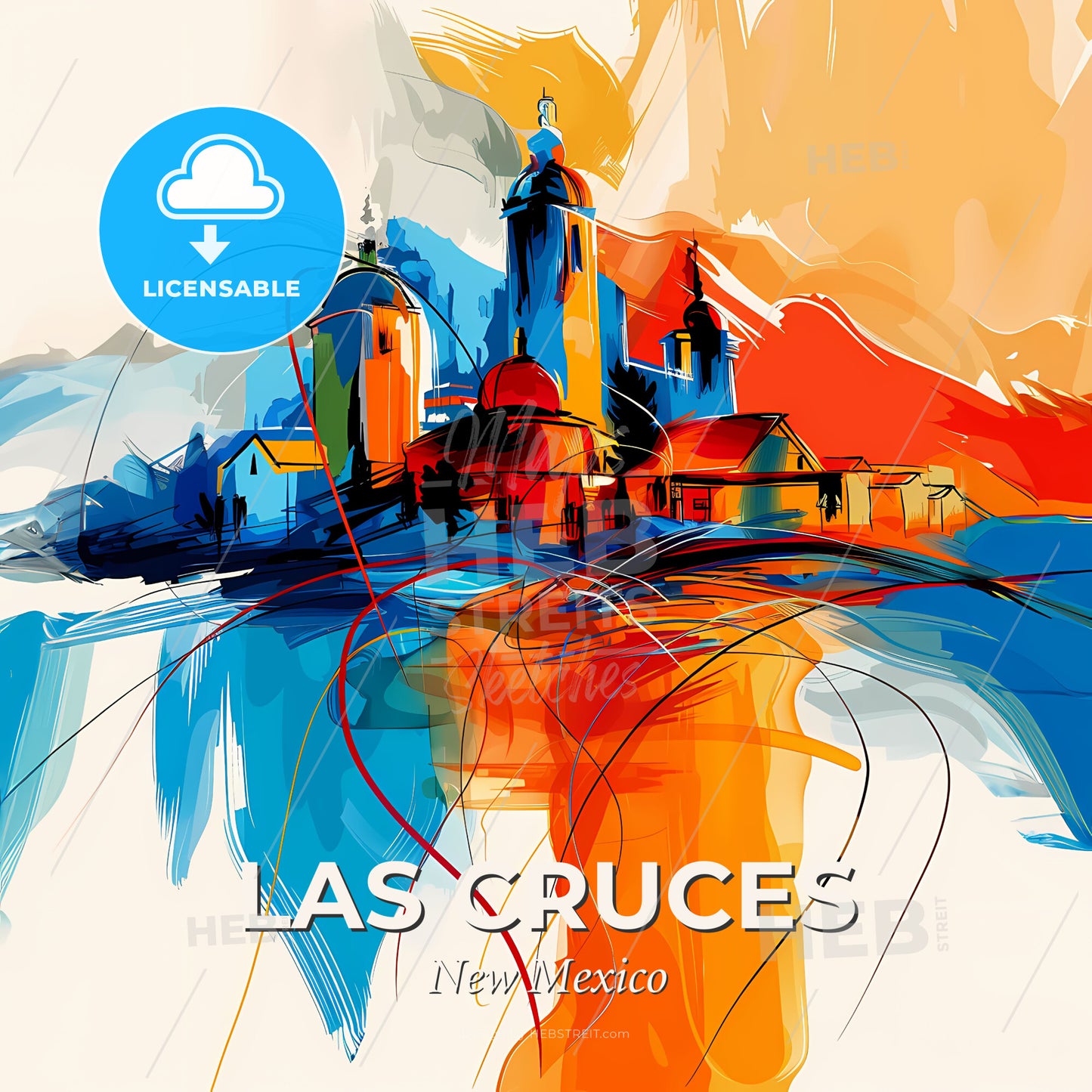 Vibrant Las Cruces, New Mexico - A Painting Of A Skyline With A Colorful Building - Square format print template