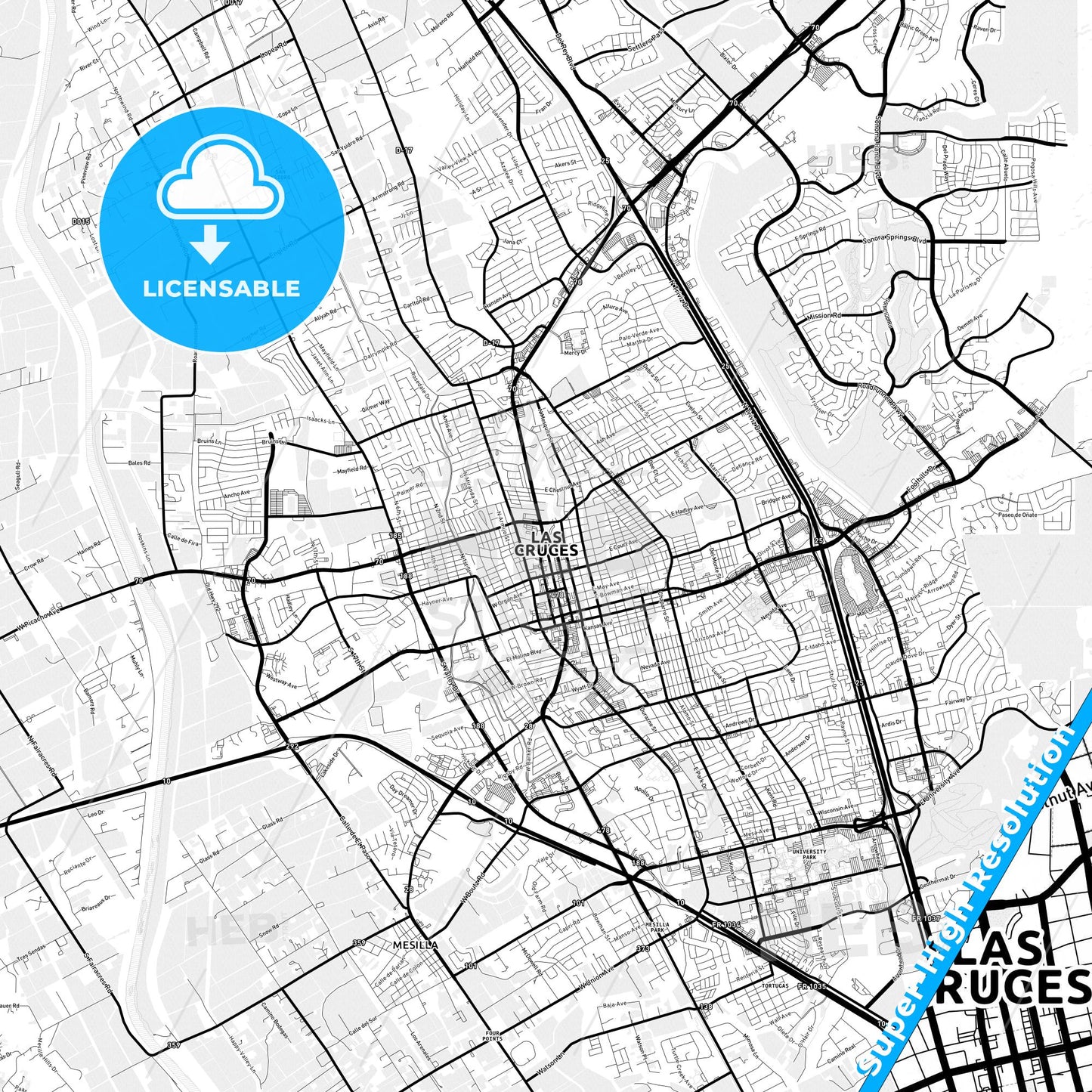 Las Cruces, New Mexico Light Map with Street Names, City Names, and Districts