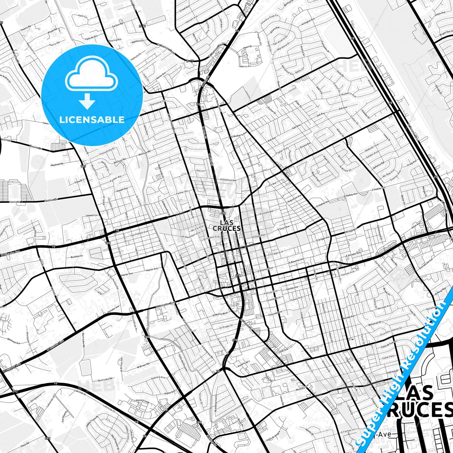 Las Cruces, New Mexico Light Map with Street Names, City Names, and Districts