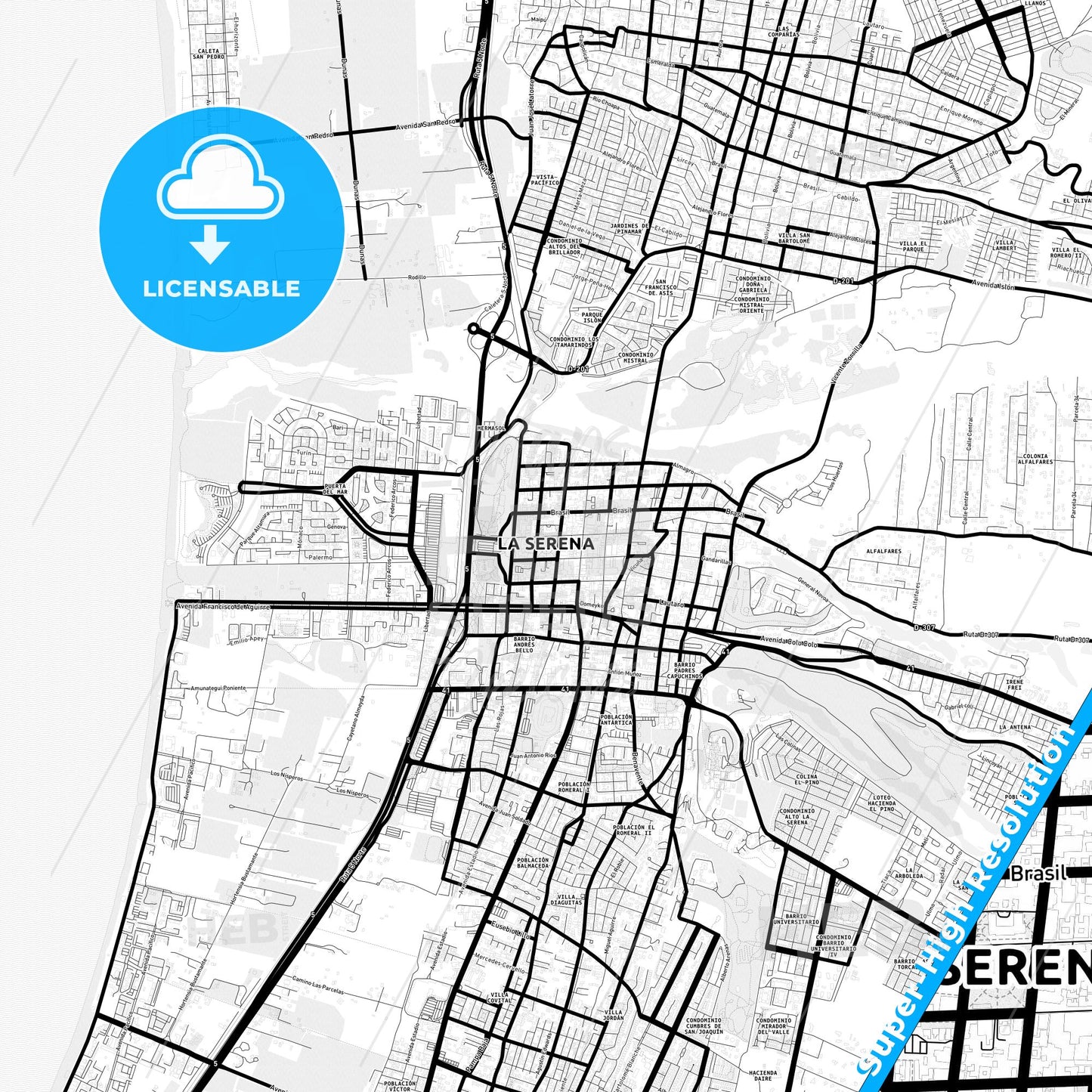 La Serena, Chile Light Map with Street Names, City Names, and Districts