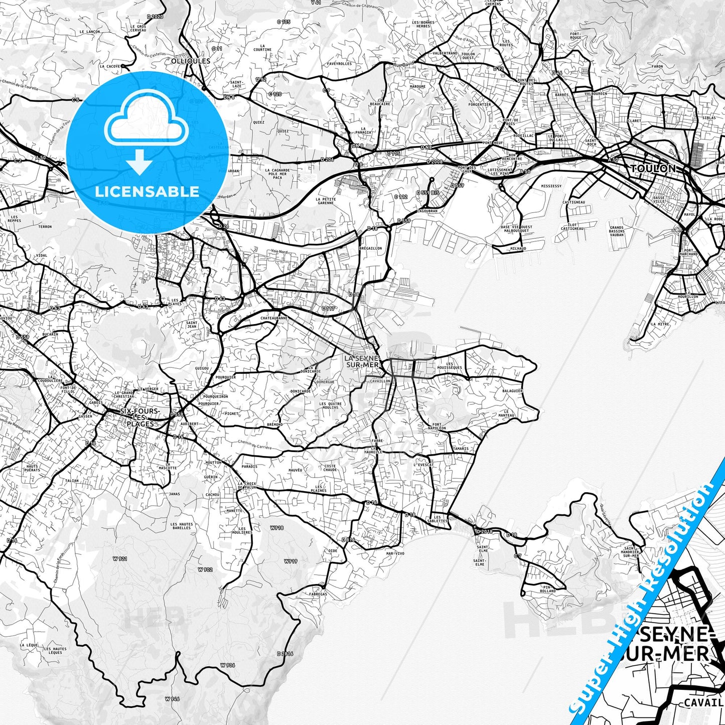 La Seyne-sur-Mer, France Light Map with Street Names, City Names, and Districts