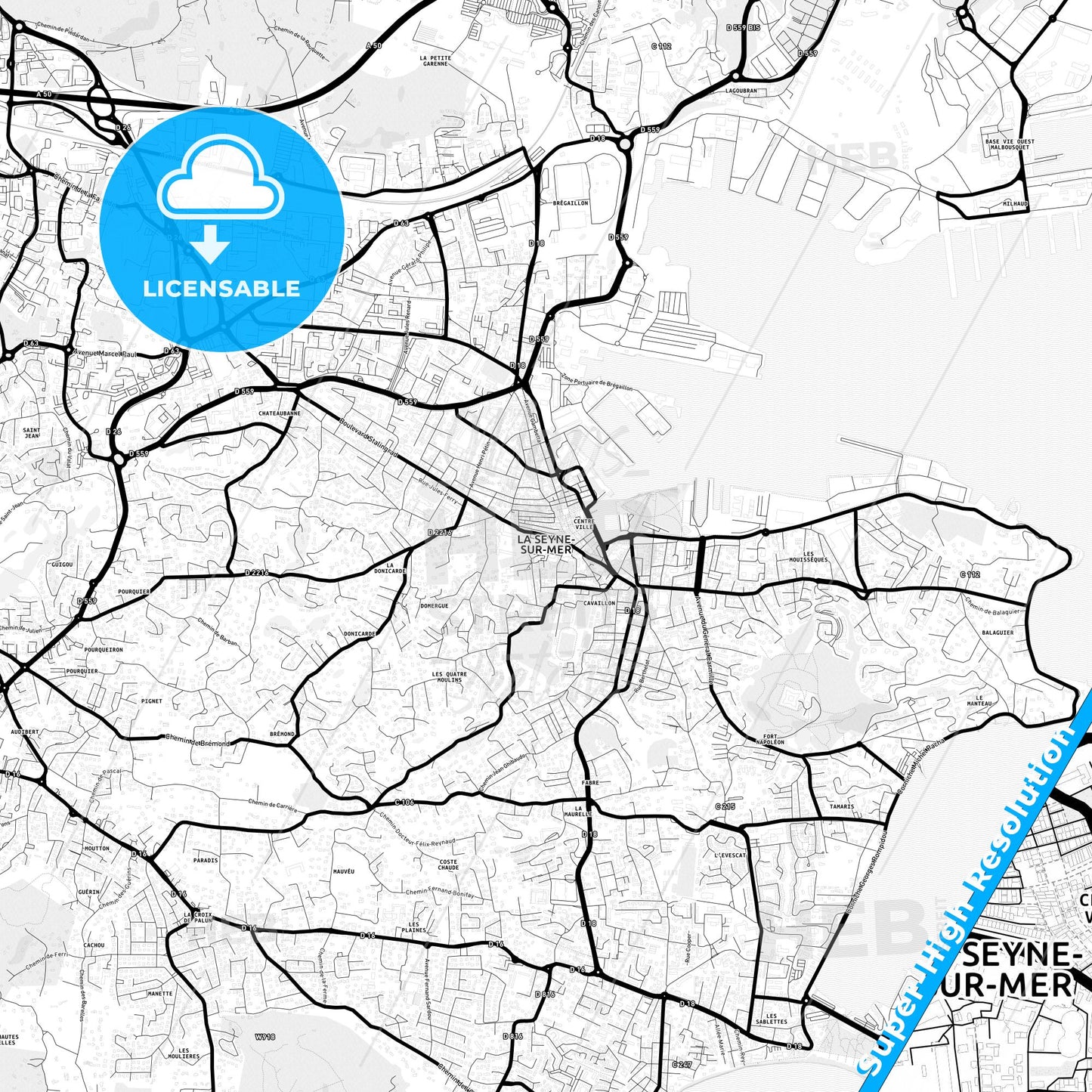 La Seyne-sur-Mer, France Light Map with Street Names, City Names, and Districts
