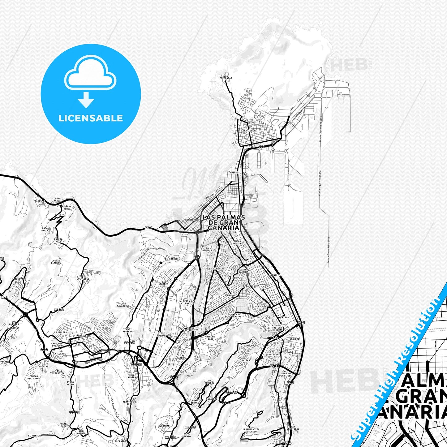 Las Palmas de Gran Canaria, Spain Light Map with Street Names, City Names, and Districts