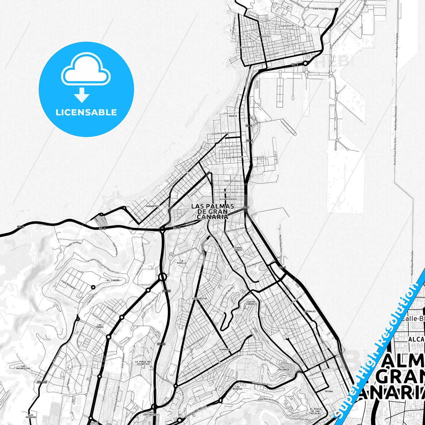 Las Palmas de Gran Canaria, Spain Light Map with Street Names, City Names, and Districts