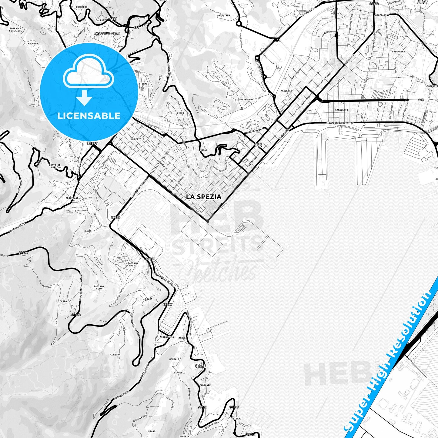 La Spezia, Italy Light Map with Street Names, City Names, and Districts