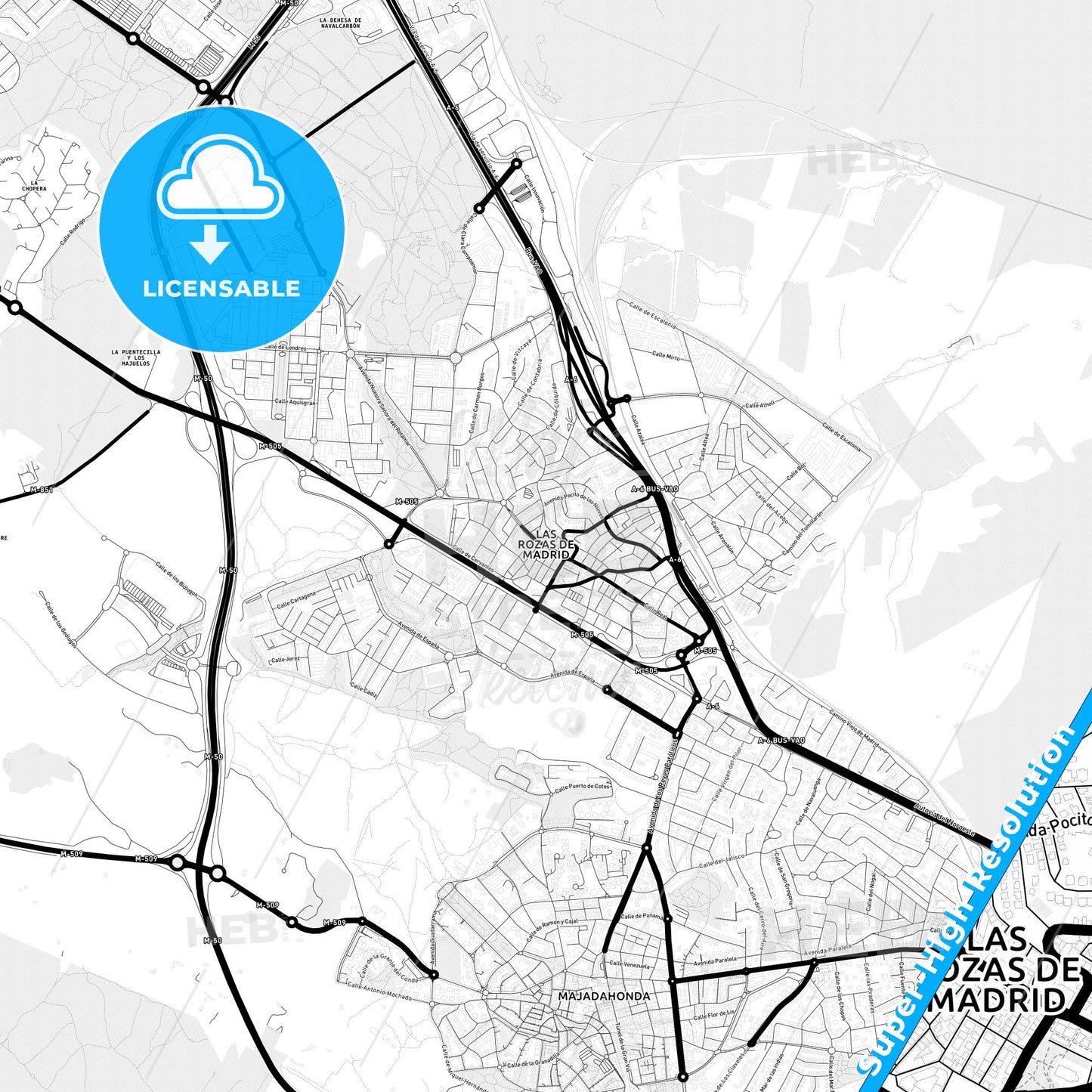 Las Rozas de Madrid, Spain Light Map with Street Names, City Names, and Districts