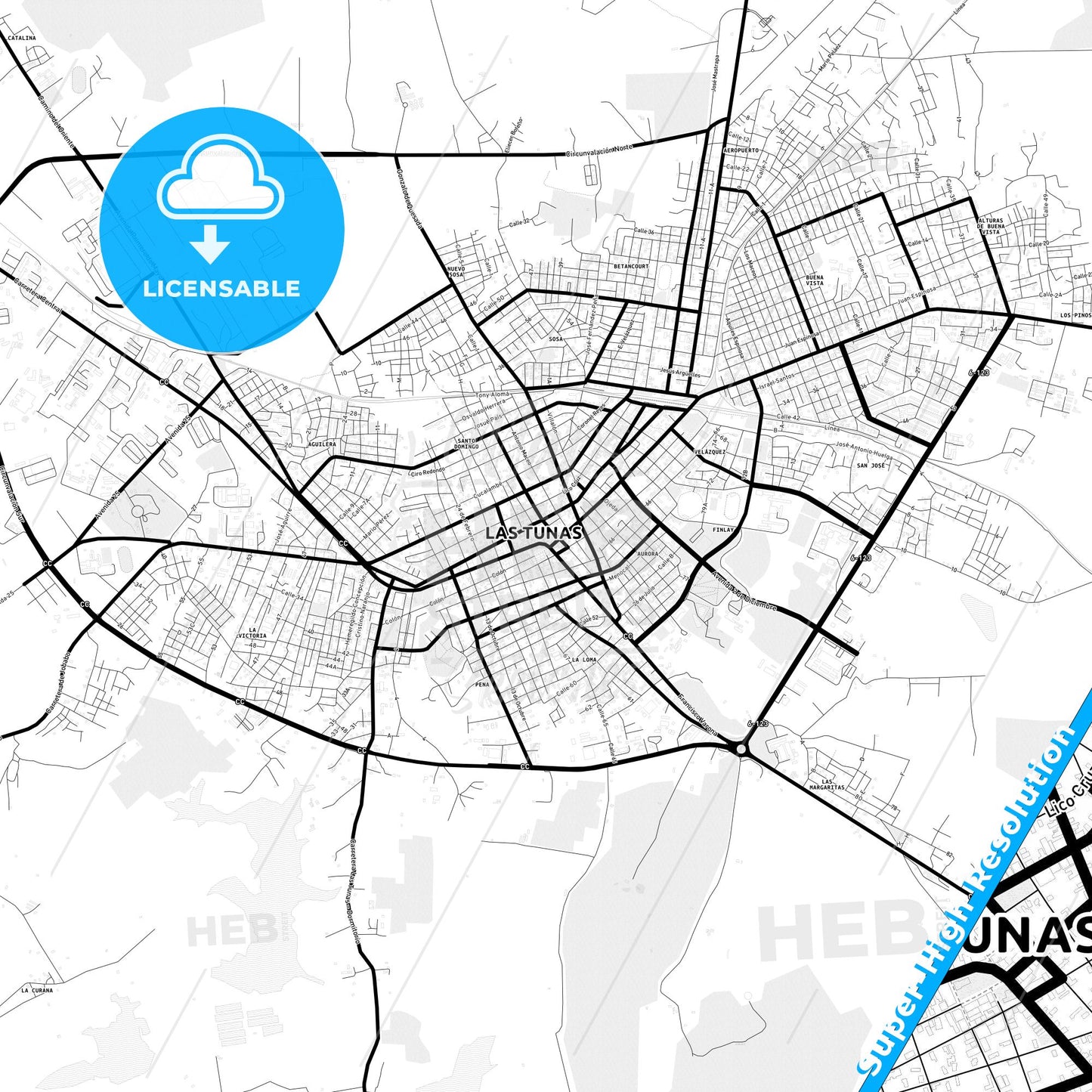Las Tunas, Cuba Light Map with Street Names, City Names, and Districts