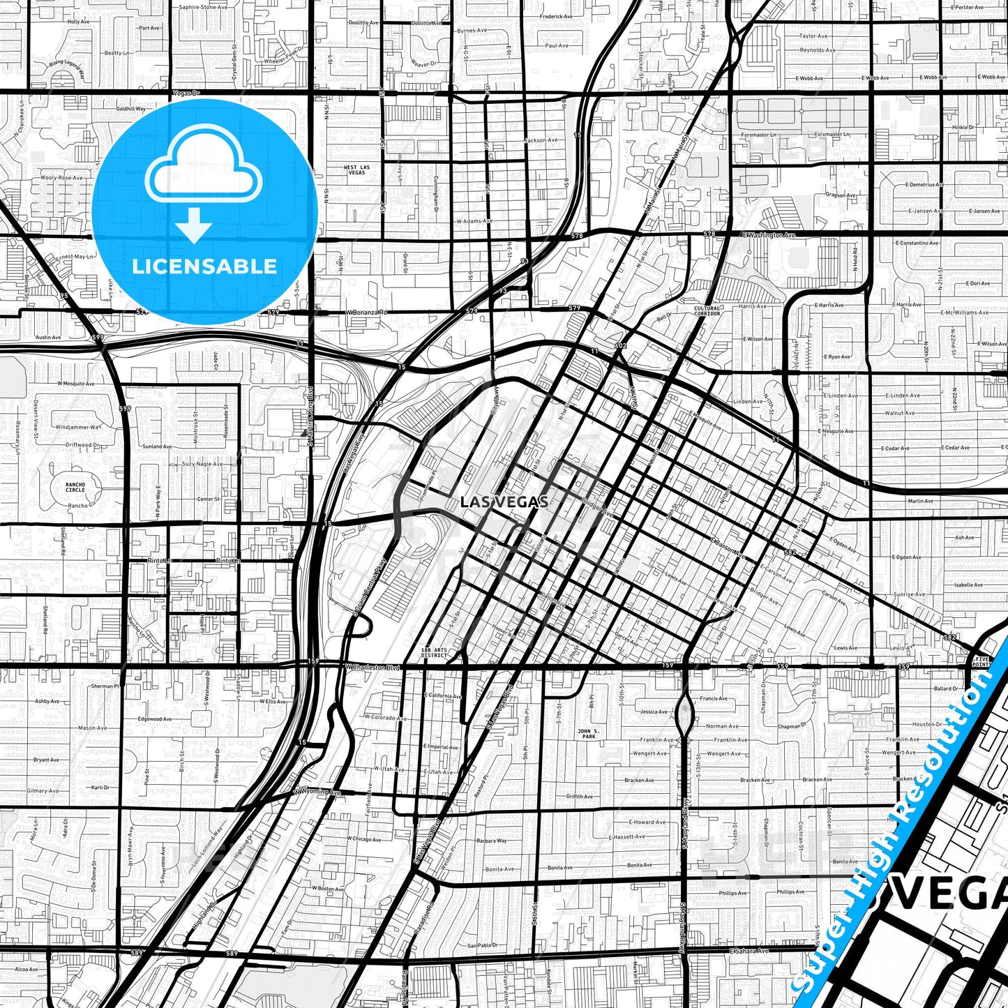 Las Vegas, Nevada Light Map with Street Names, City Names, and Districts
