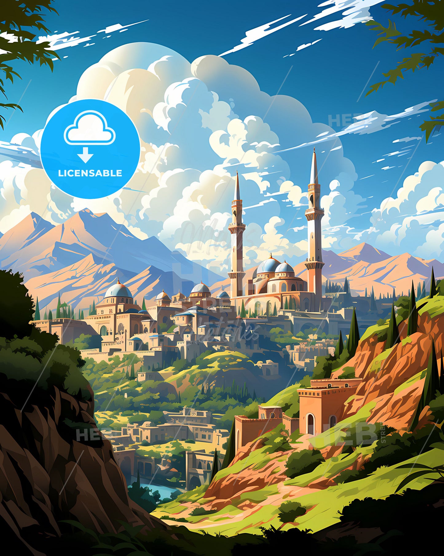 Latakia Syria Urban Skyline Cityscape Tower Painting Hills Vibrant Art