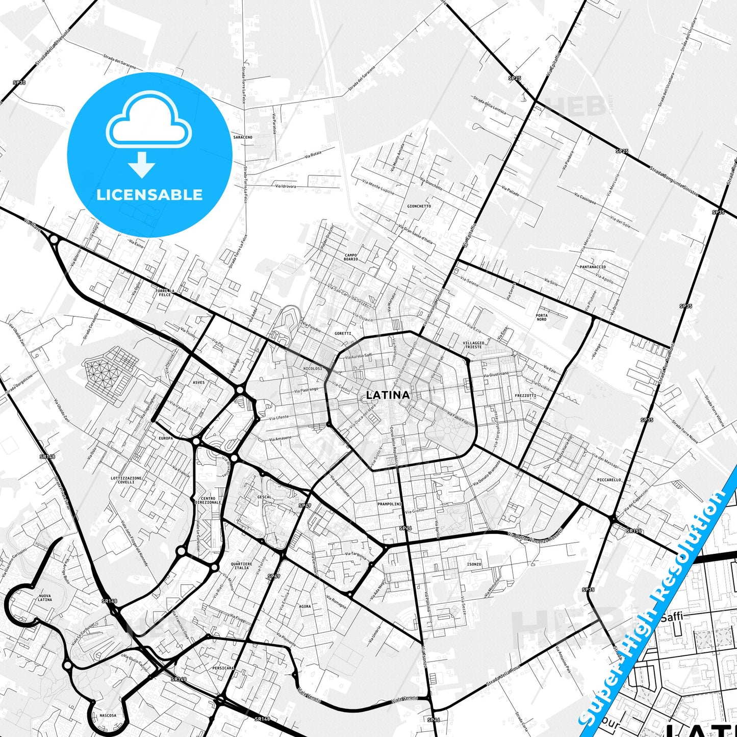 Latina, Italy Light Map with Street Names, City Names, and Districts