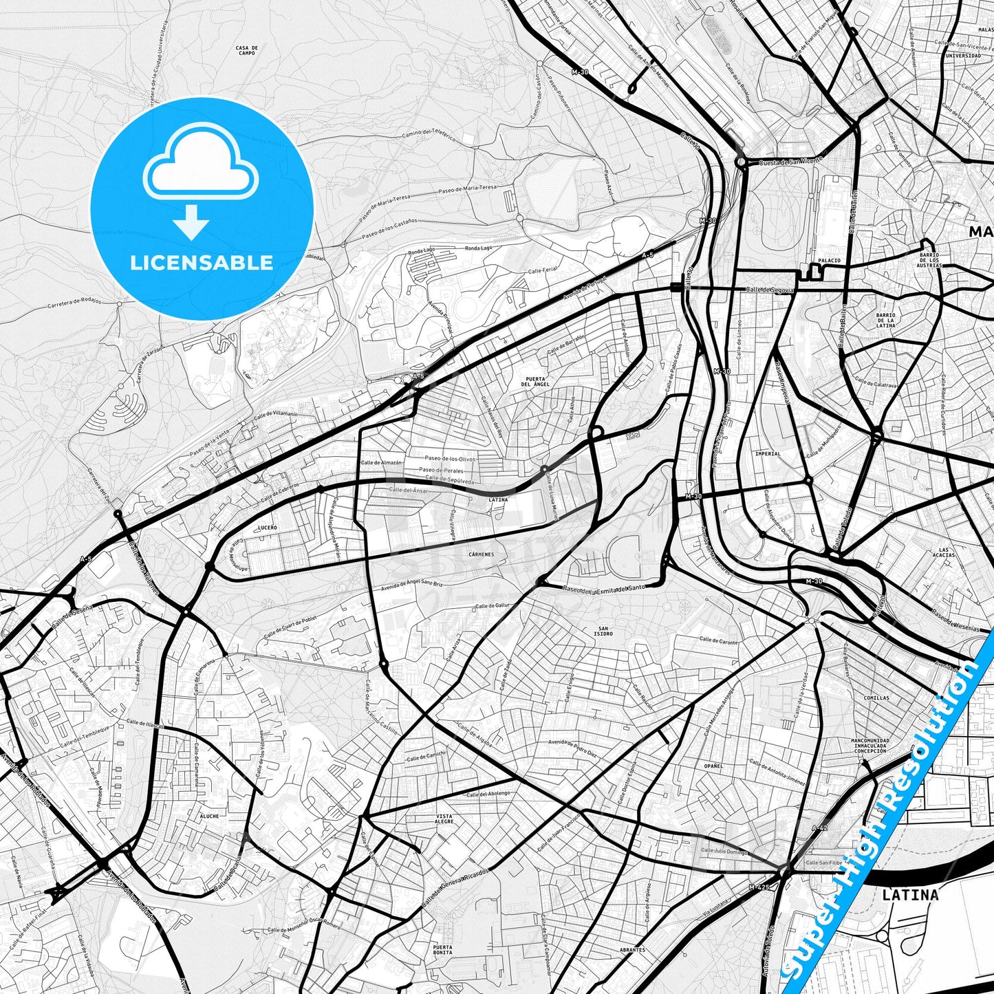 Latina, Spain Light Map with Street Names, City Names, and Districts