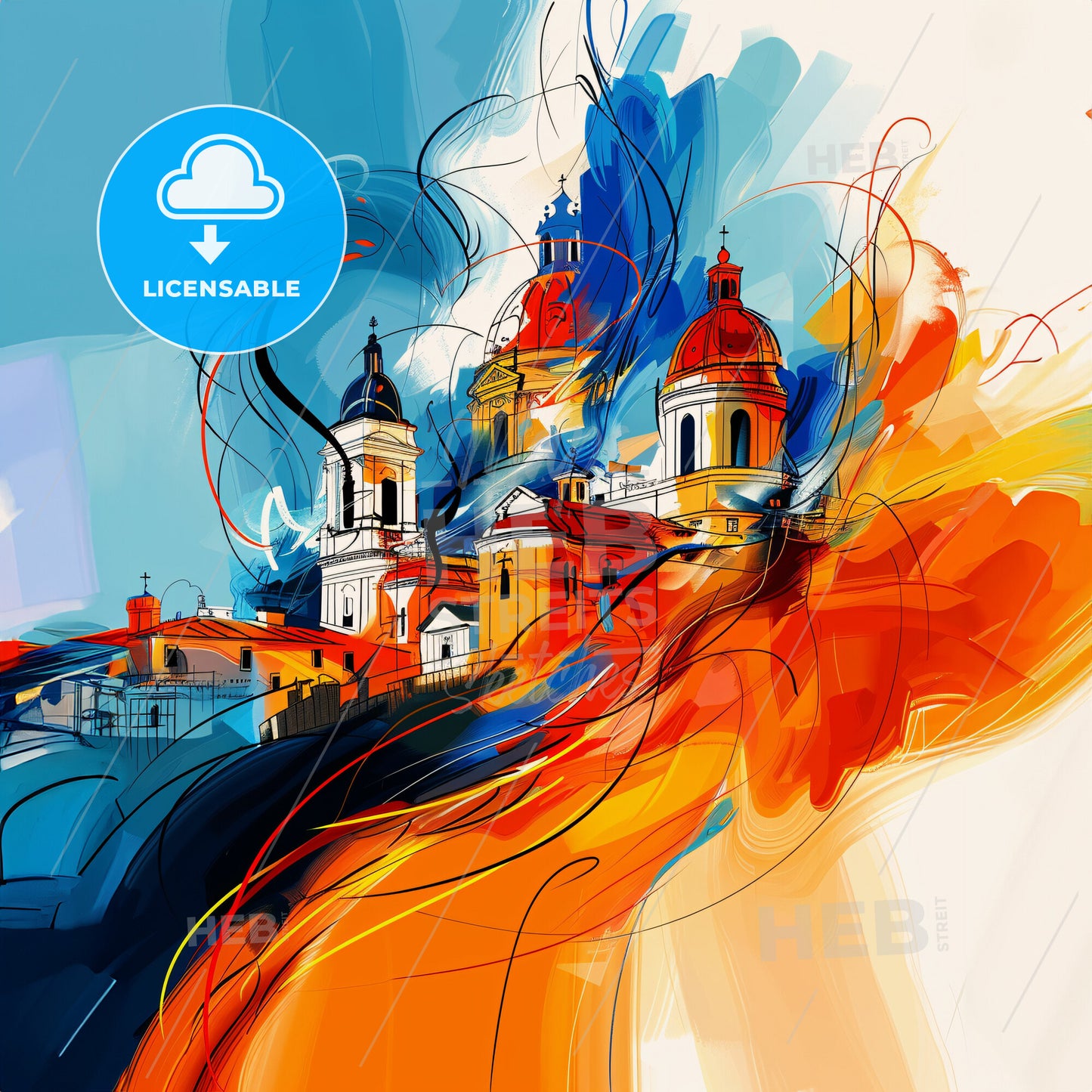 Vibrant Latina, Spain - A Painting Of A Building With Colorful Swirls