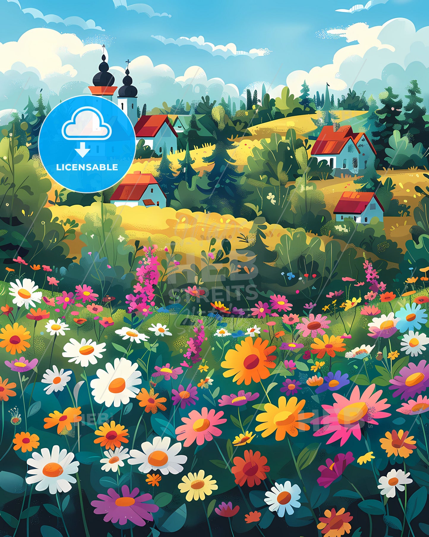 Colorful Painted Art Field of Flowers and Houses in Latvia, Europe