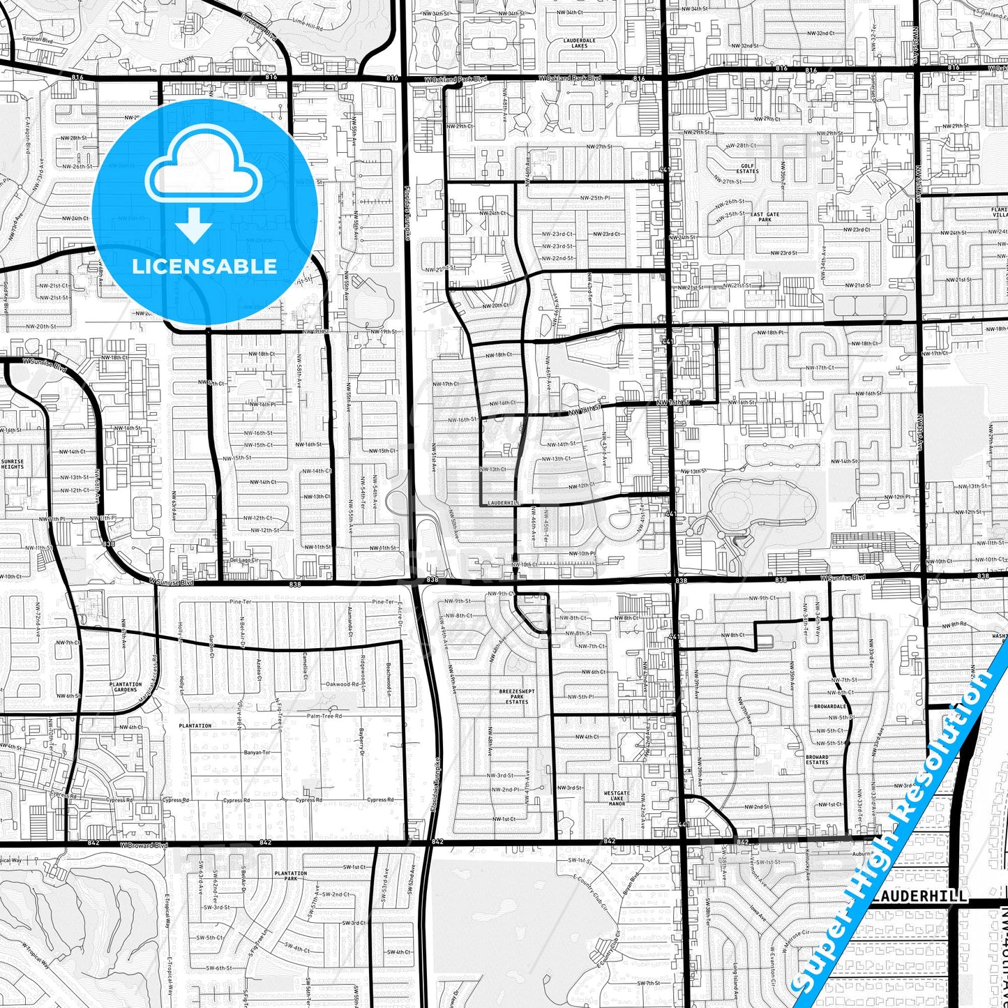 Lauderhill, Florida Light Map with Street Names, City Names, and Districts