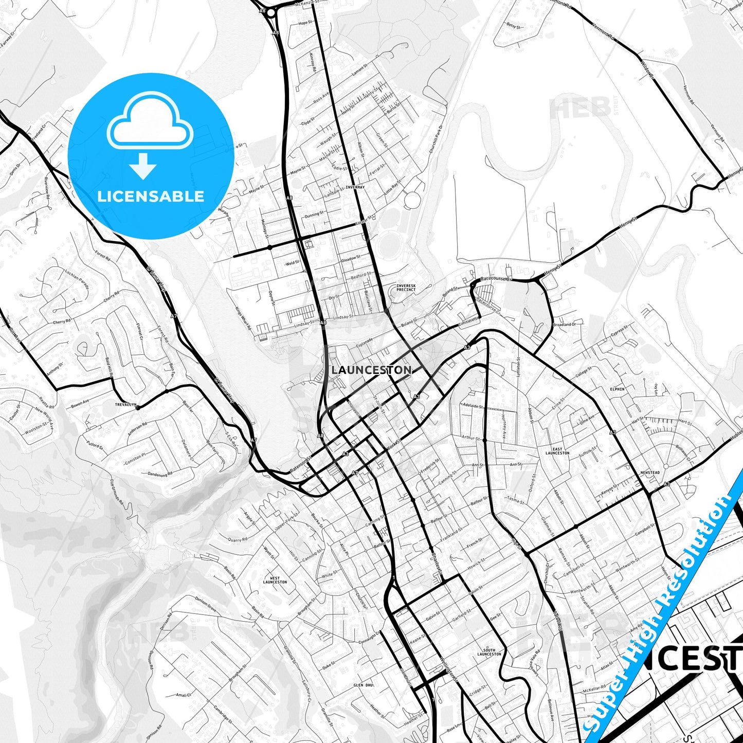 Launceston, Australia Light Map with Street Names, City Names, and Districts